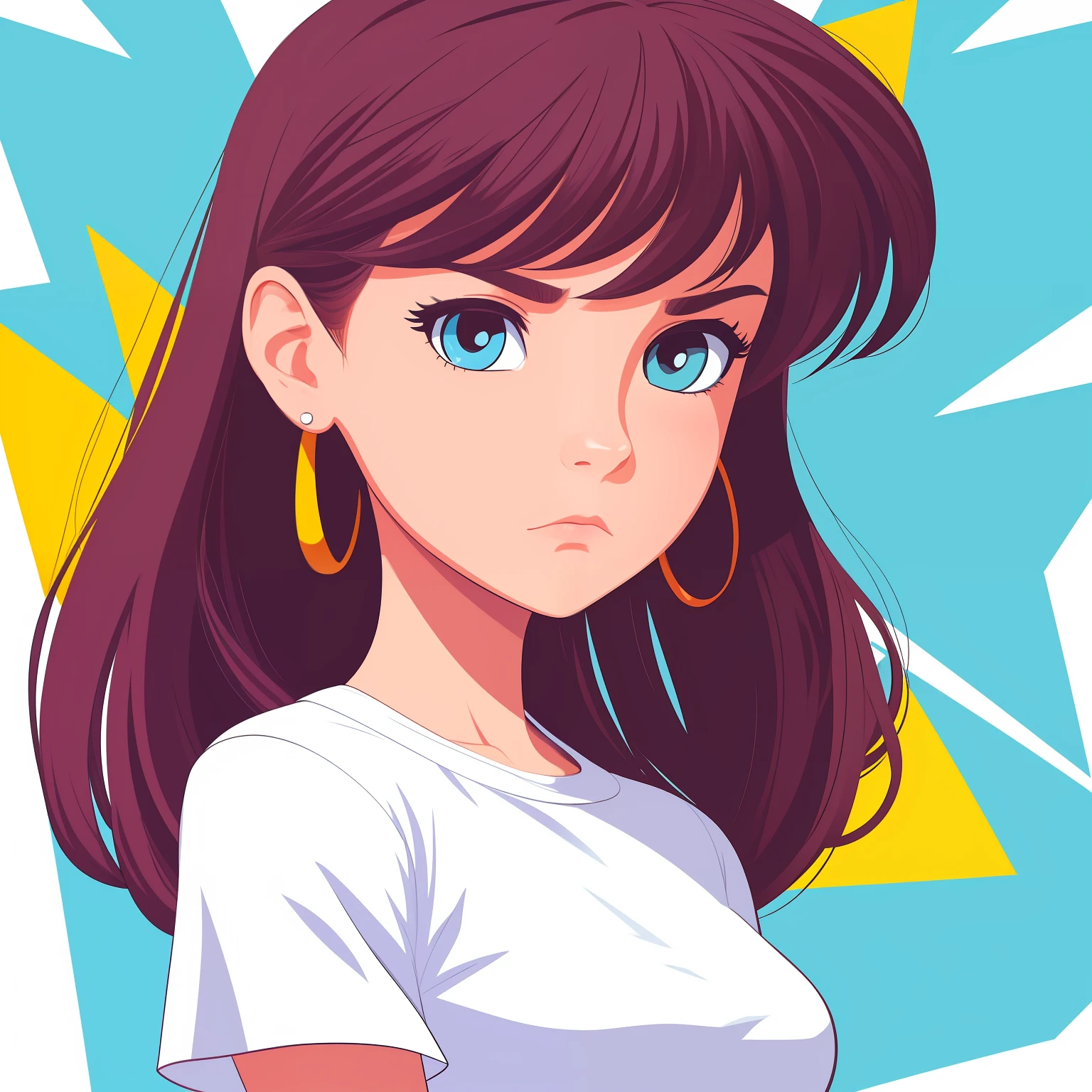 Drawing of a girl with an irritated expression on a white background. Bright, but harmonious colors. waist-high. digital art cartoon, full color illustration