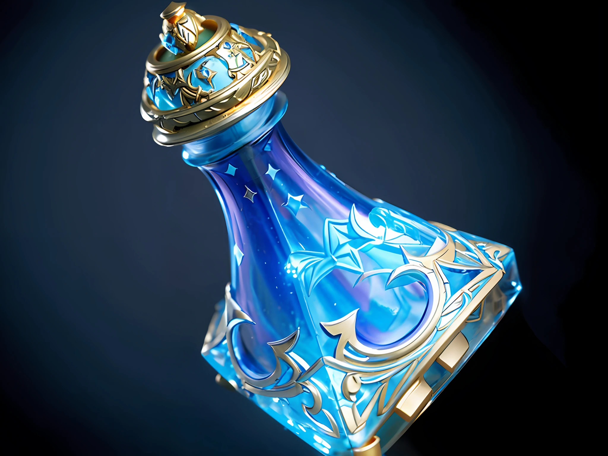 There is a potion bottle made of light blue glass,The potion bottle contained a sky-blue magic potion,The cap is golden yellow,The bottom of the bottle is snow-white,Elf potions,ultraclear,8K, 3 d render stylized, fantasy game spell symbol, Stylized 3 D, rpg item render, painting of one health potion, stylized pbr, Stylized game art, arte renderizada, role-playing game items, game icon stylized, stylized shading, world of warcraft spell icon, artifact dota2