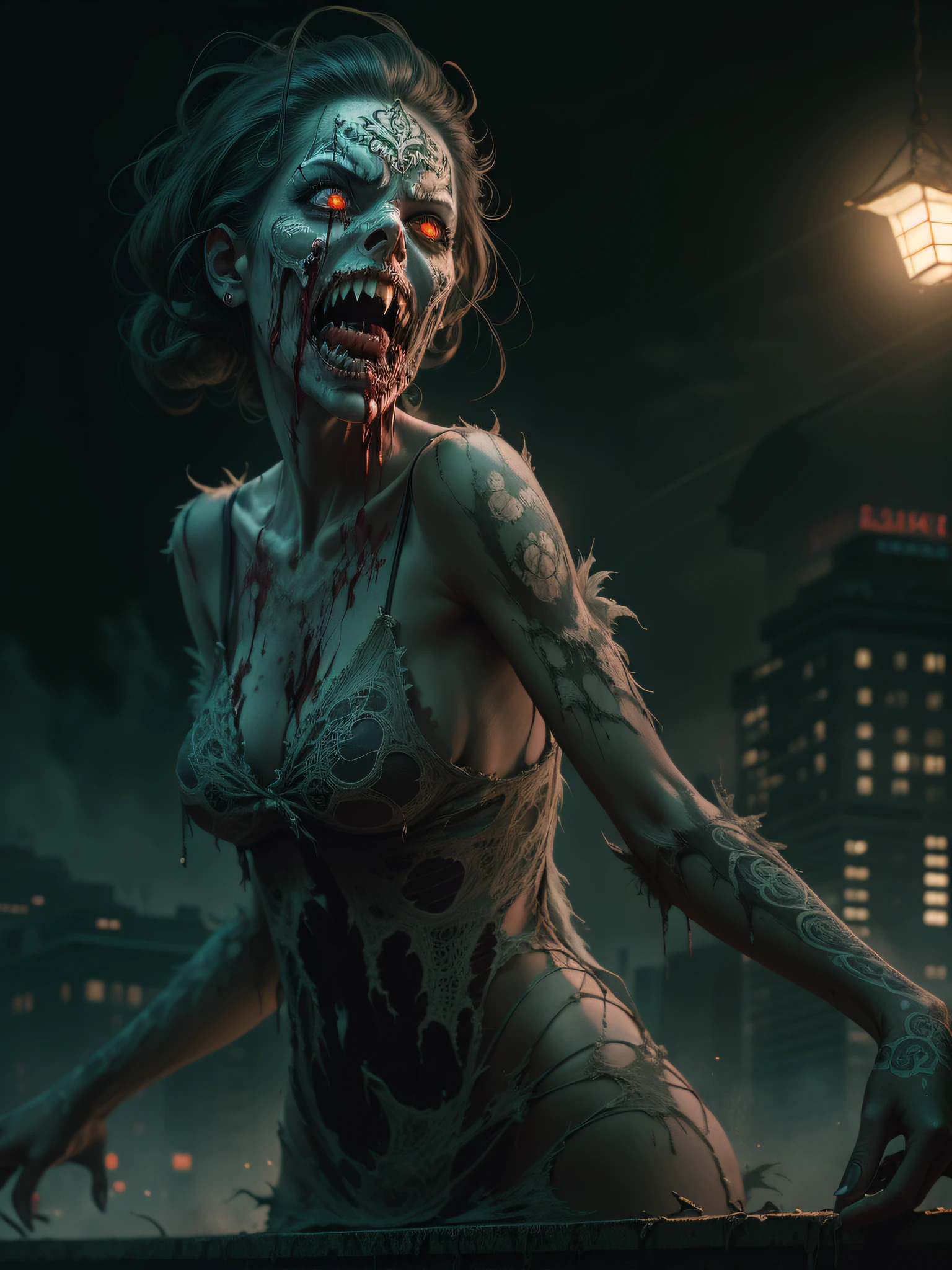 (((masterpiece))), an woman zombie, terror, doom, on rooftop ((dark night)) city, a monster, sharp teeth, Hyper detailed ultra sharp, (((ornate))), ((((intricate)))), ultrarealistic, dynamic, smooth, sharp focus, illustration, 8k, cinematic light, Sinister, dark, scary, macabre, obscure, terrifying, chilling, silly, terrible, haunted, bad, supernatural, dark, mysterious, bleeding, horrifying, disturbing, shocking, grotesque, hideous, harmful, agonizing, marcid, nightmare, morbid, unsettling