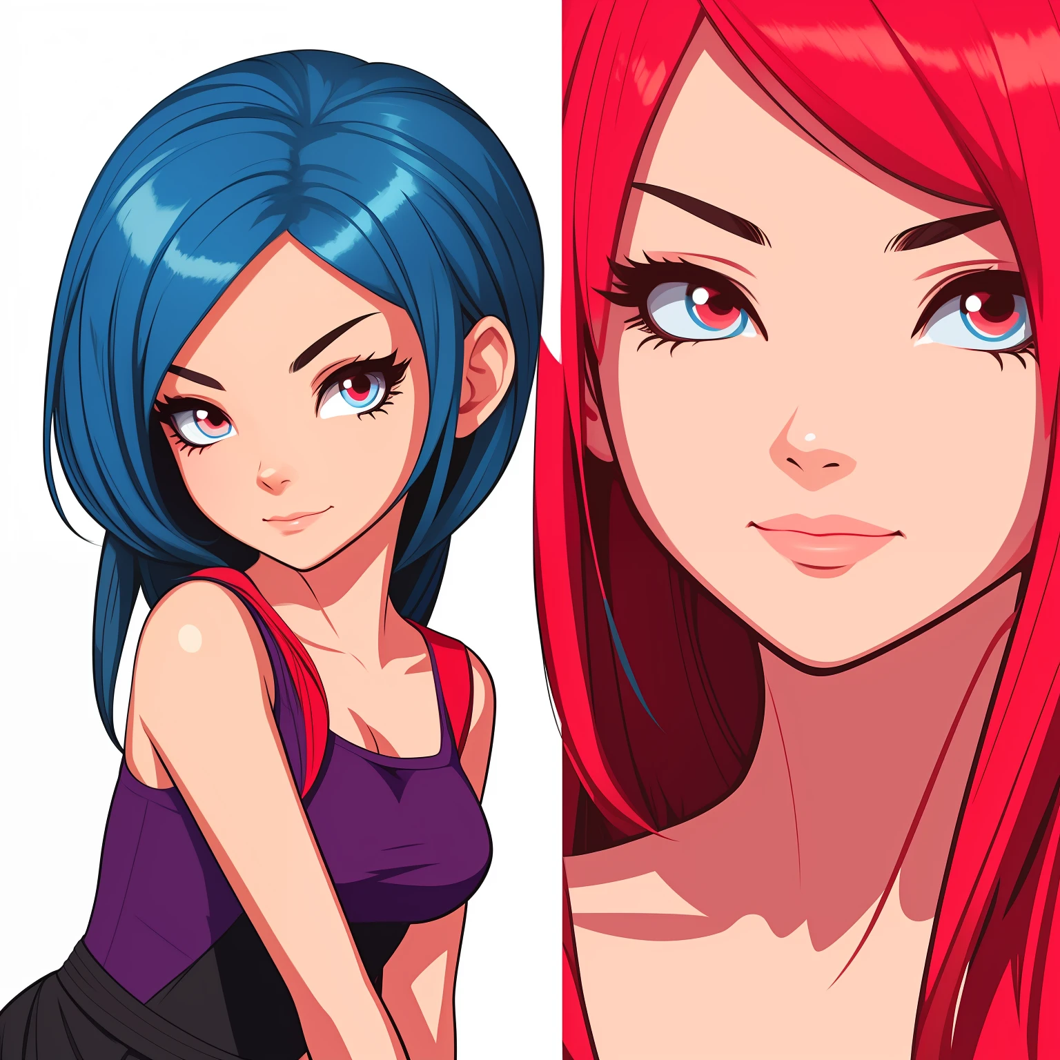 Drawing of a girl with an evil expression on a white background. Bright, but harmonious colors. Different poses to the waist. digital art cartoon, comic style, full color illustration