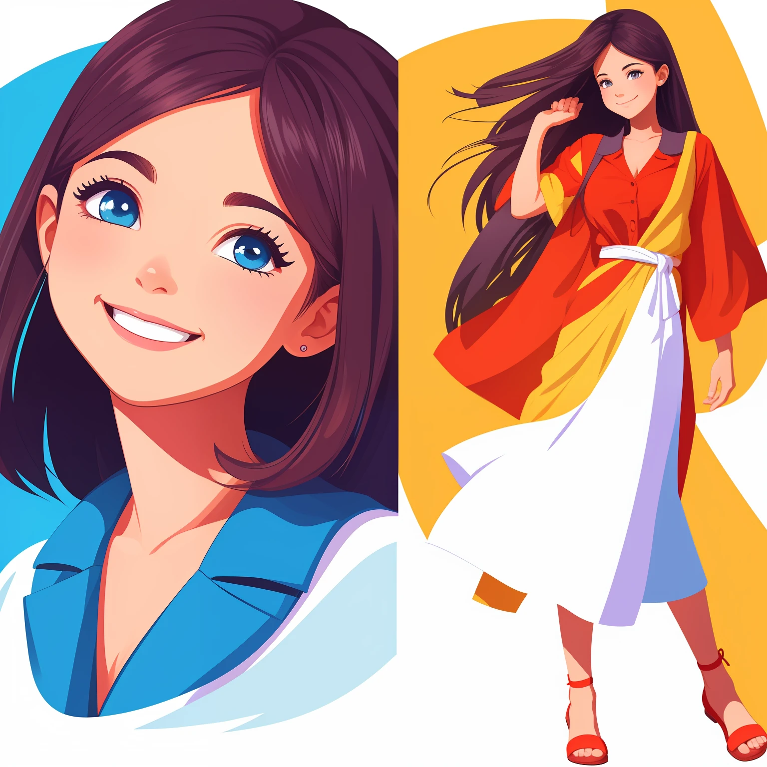 Drawing of a girl with a satisfied expression on a white background. Bright, but harmonious colors. Different poses to the waist. digital art cartoon, comic style, full color illustration