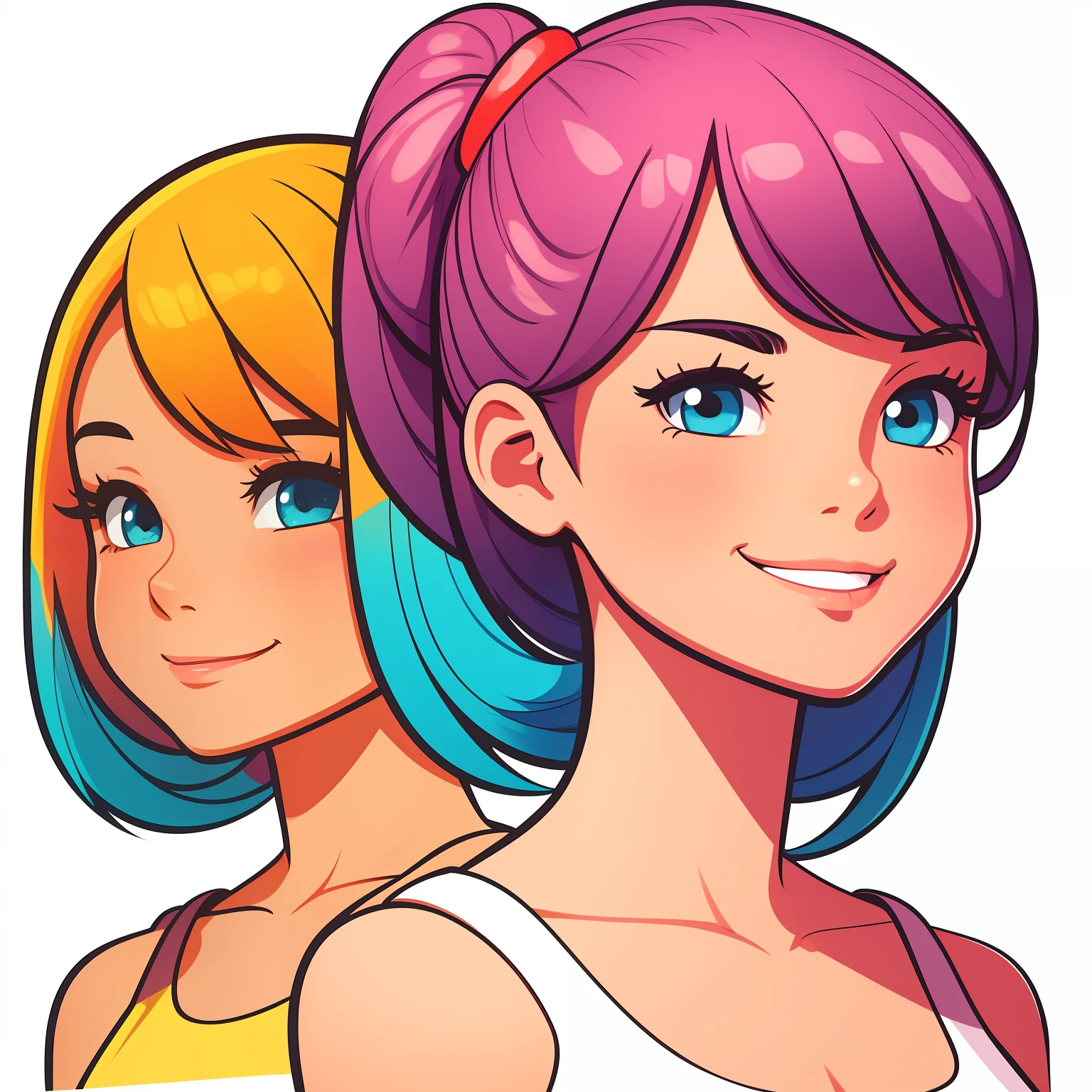 Drawing of a girl with a satisfied expression on a white background. Bright, but harmonious colors. Different poses to the waist. digital art cartoon, comic style, full color illustration