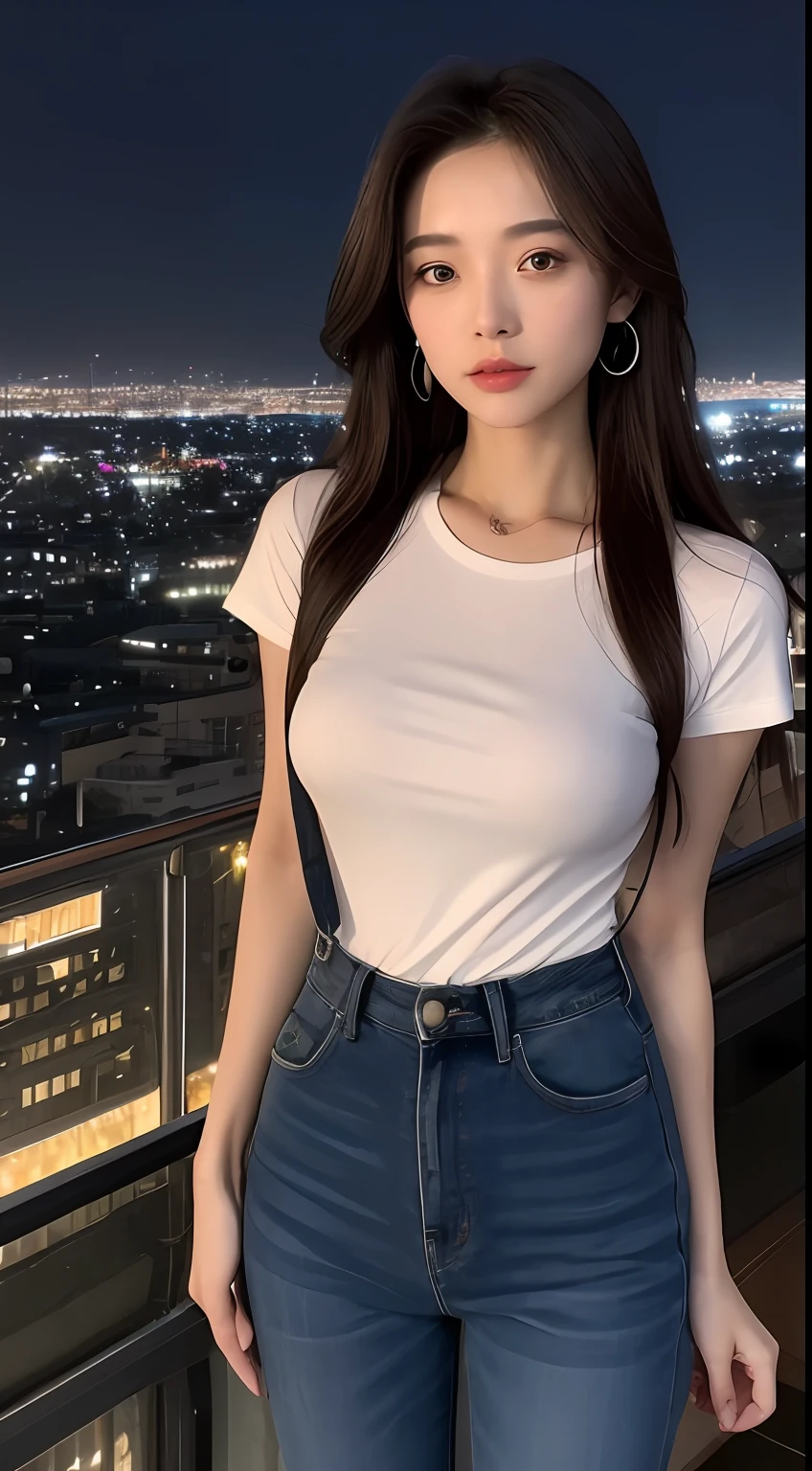 ((Midnight, Best quality, 8k, Masterpiece :1.3)), Whole body, Long legs, Sharp focus :1.2, A pretty woman with perfect figure :1.4, Slender abs :1.1, ((Dark brown hair, Big breasts :1.2)), (White tight tshirt, Jean bib, Standing:1.2), ((Night city view, Rooftop:1.3)), Highly detailed face and skin texture, Detailed eyes, Double eyelid