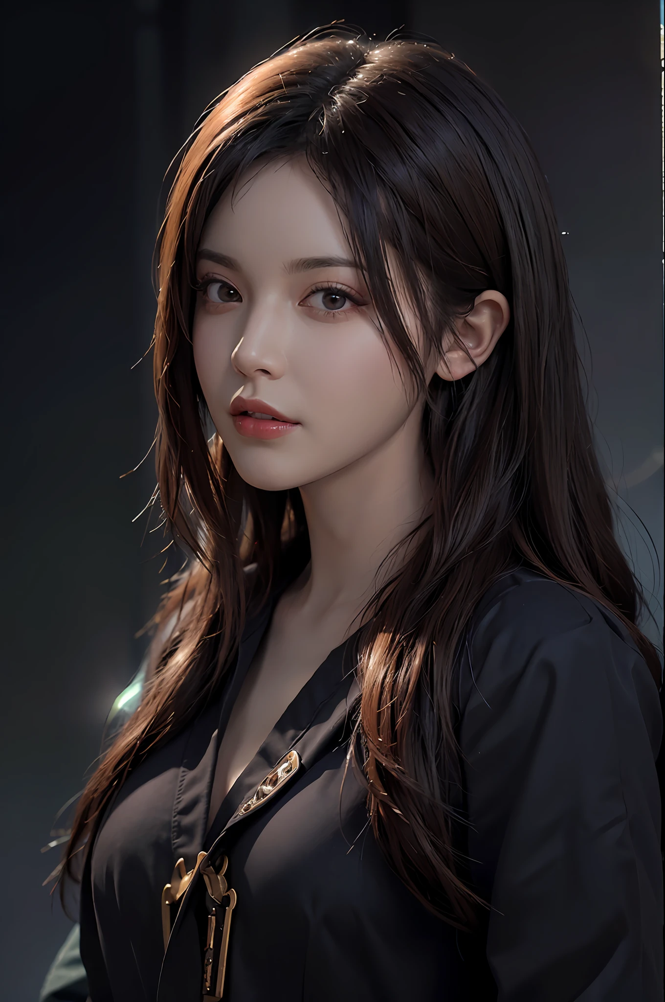 (front focus), (in the dark:1.6), Hyperrealist portrait of female by david hockney and alphonse mucha, fantasy art, photo realistic, dynamic lighting, artstation, poster, volumetric lighting, very detailed faces, 4 k, award winning, 1girl, in the dark, deep shadow, low key, cowboy shot, (official clothing:1.4), long hair, white hair