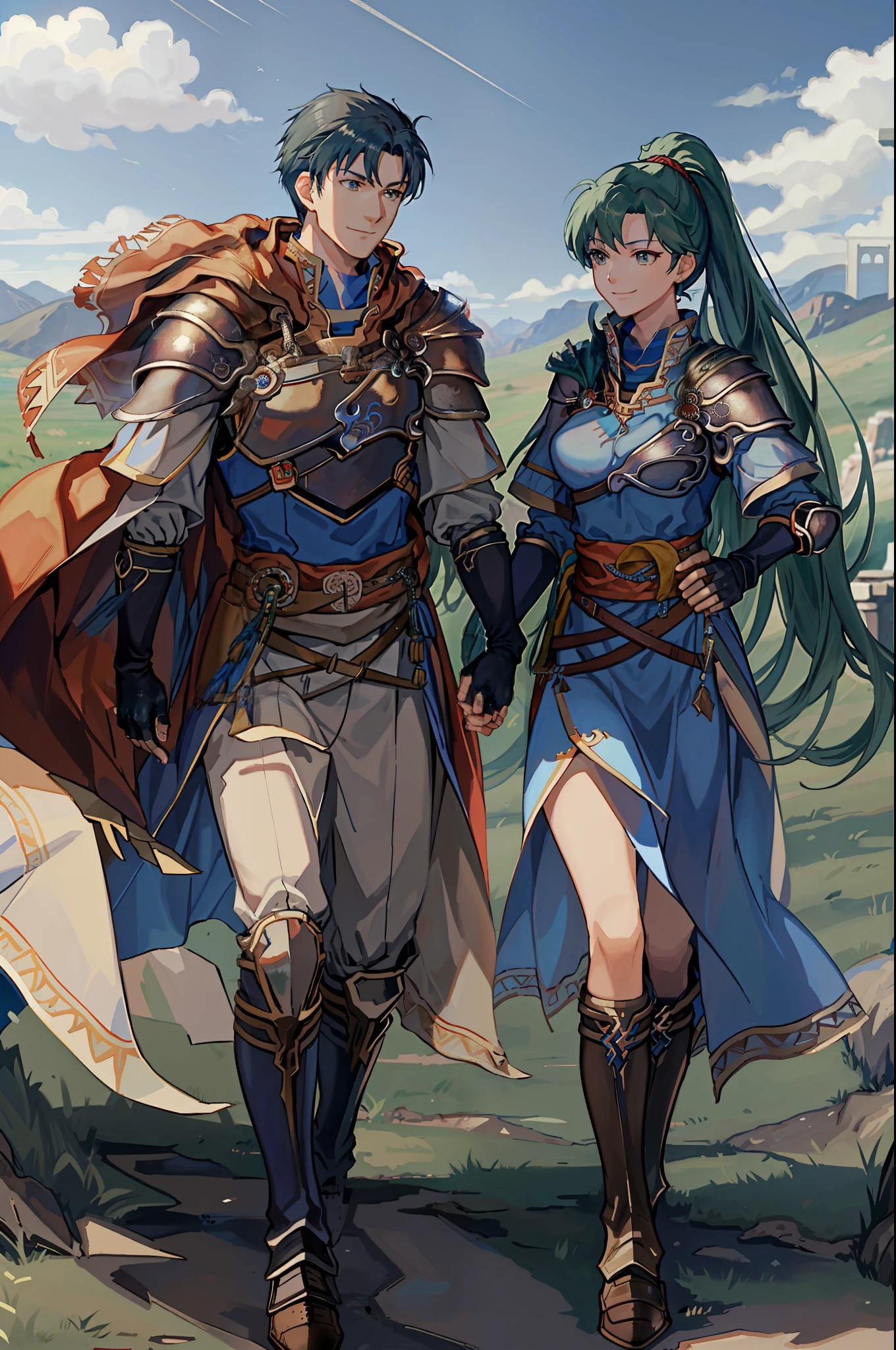 (masterpiece, best quality), best resolution, 2others, couple, (defaultLyn, blue dress, pelvic curtain, sash, fingerless gloves, brown boots), (hector fe, red cape, armor), height difference, walking together, smiling, happy, love, dirt road, meadow, serene hills, faint clouds, castle in the background