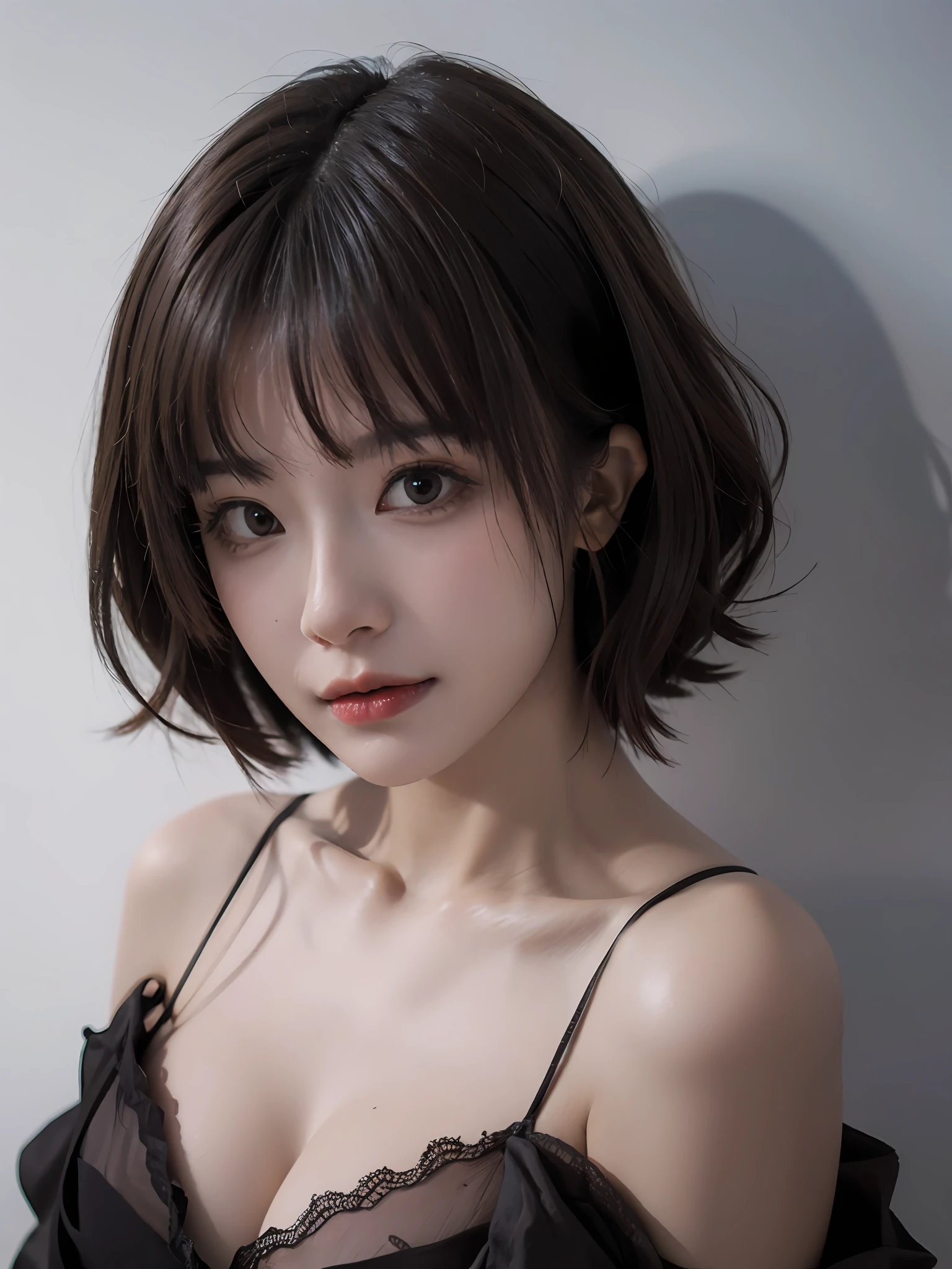 Best quality, masterpiece, ultra high res, (photorealistic:1.5), raw photo, 1girl, offshoulder, in the dark, deep shadow, low key, cold light, sexy look, short hair