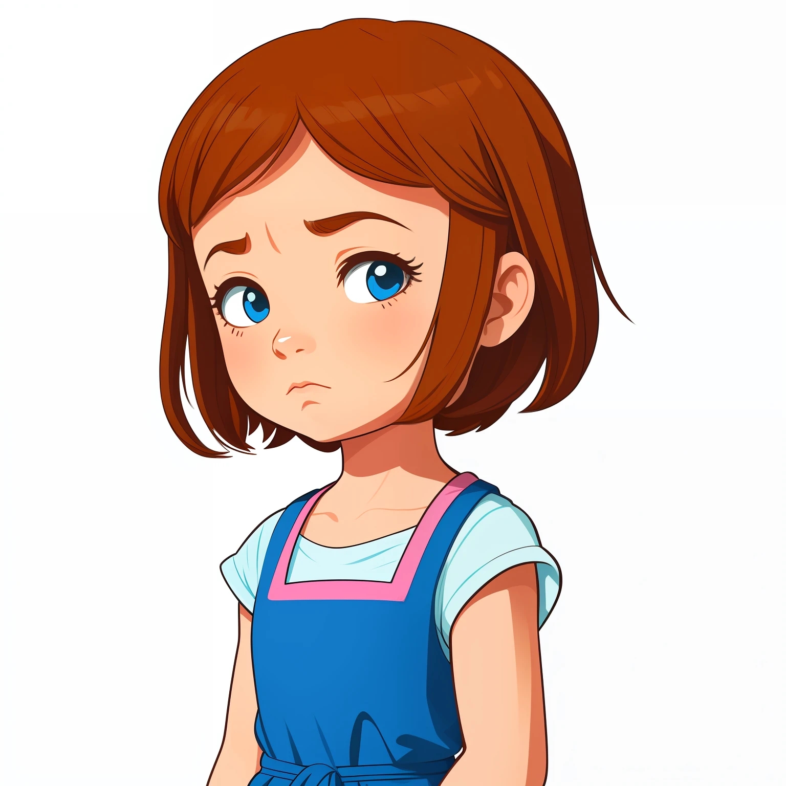 Drawing of a irritated girl on a white background. hands folded. Bright, but harmonious colors. Different poses to the waist. digital art cartoon, comic style, full color illustration
