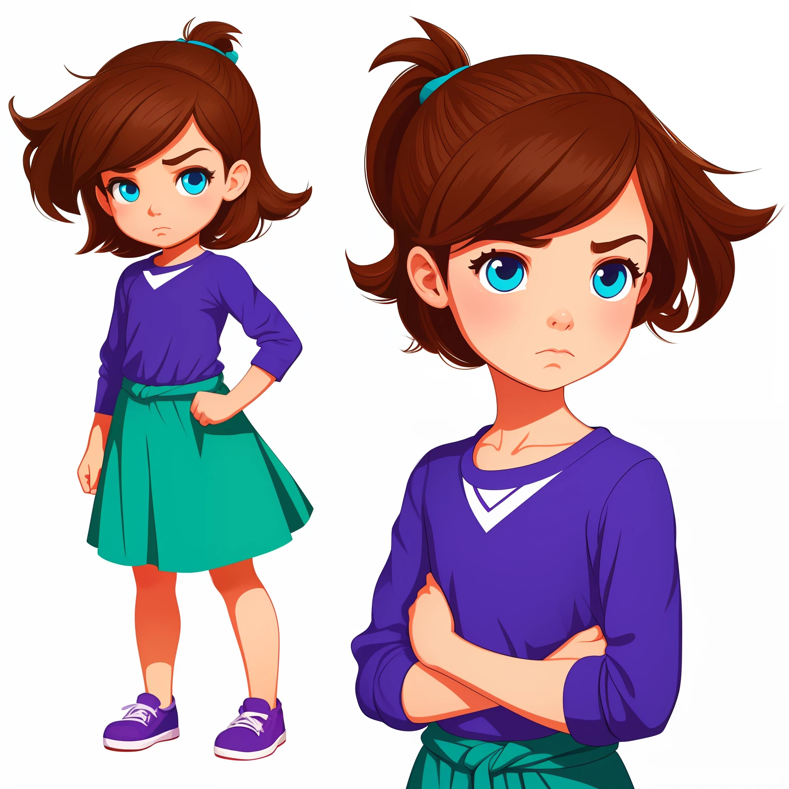 Drawing of a little irritated girl on a white background. hands folded. Bright, but harmonious colors. Different poses to the waist. digital art cartoon, comic style, full color illustration