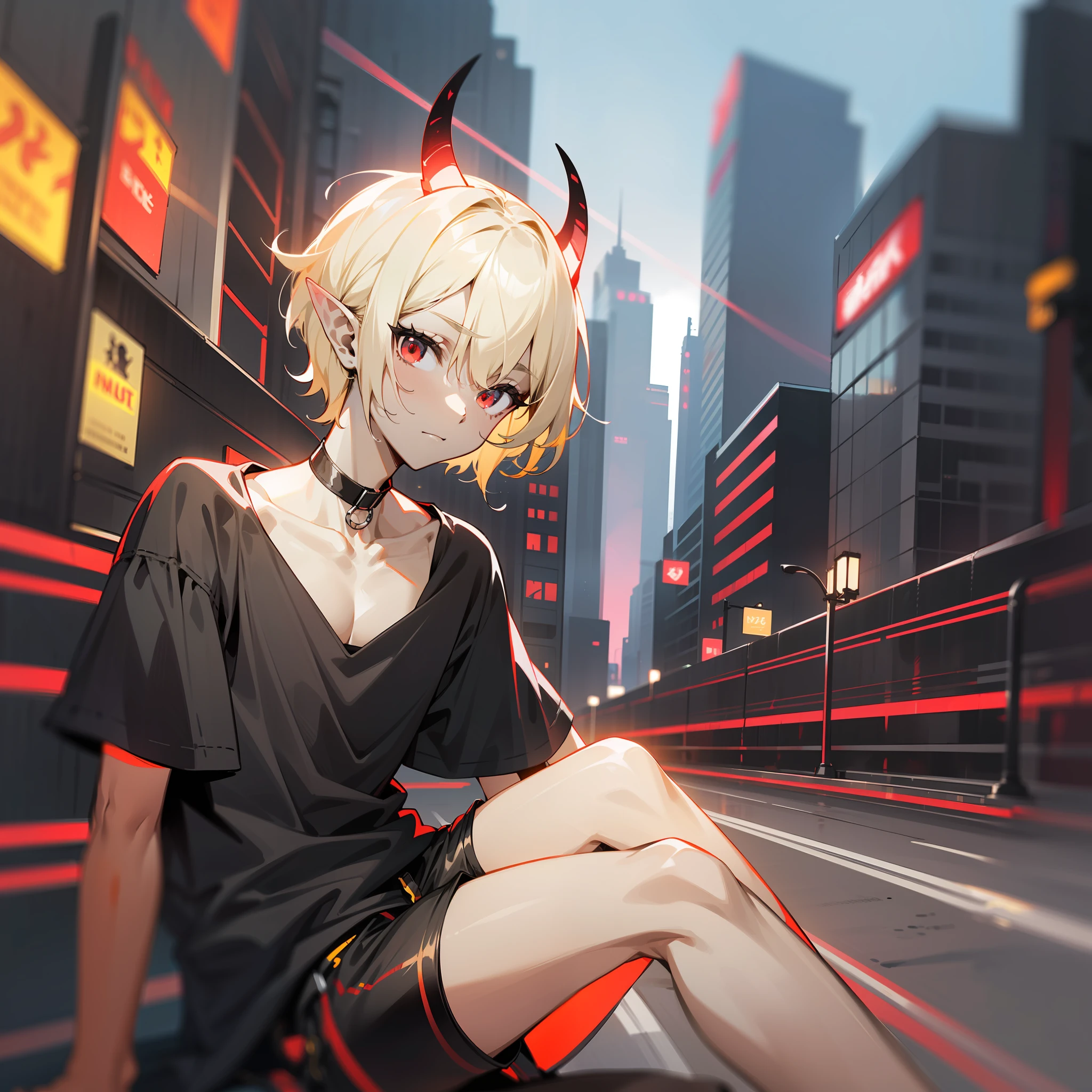 young man, twink, (((male))), (((man))), (((one person))), ((single)), ((solo)), ((1guy)), (((light blonde hair))), ((medium short hair)), (chin-length hair), (straight hair), (((red colored eyes))), (((dark grey colored skin))), (((dark grey skin))), (dark grey-skinned), (dark-skinned), two horns on head, wearing a black choker, (((wearing a black oversized shirt))), wearing an oversized t-shirt, black clothes, loose t-shirt, (((slim body))), (((flat chest))), (sitting on a bench in the street), a single streetlamp next to the bench, colorful neon lights in the distance, (((futuristic city))), (pointy ears), long and thin tail, pointed tail, kpop style, futuristic background, futuristic style, street fashion, (((black shorts))), holding a black guitar, (((nighttime))), legs pulled up, blurry people walking by in the background