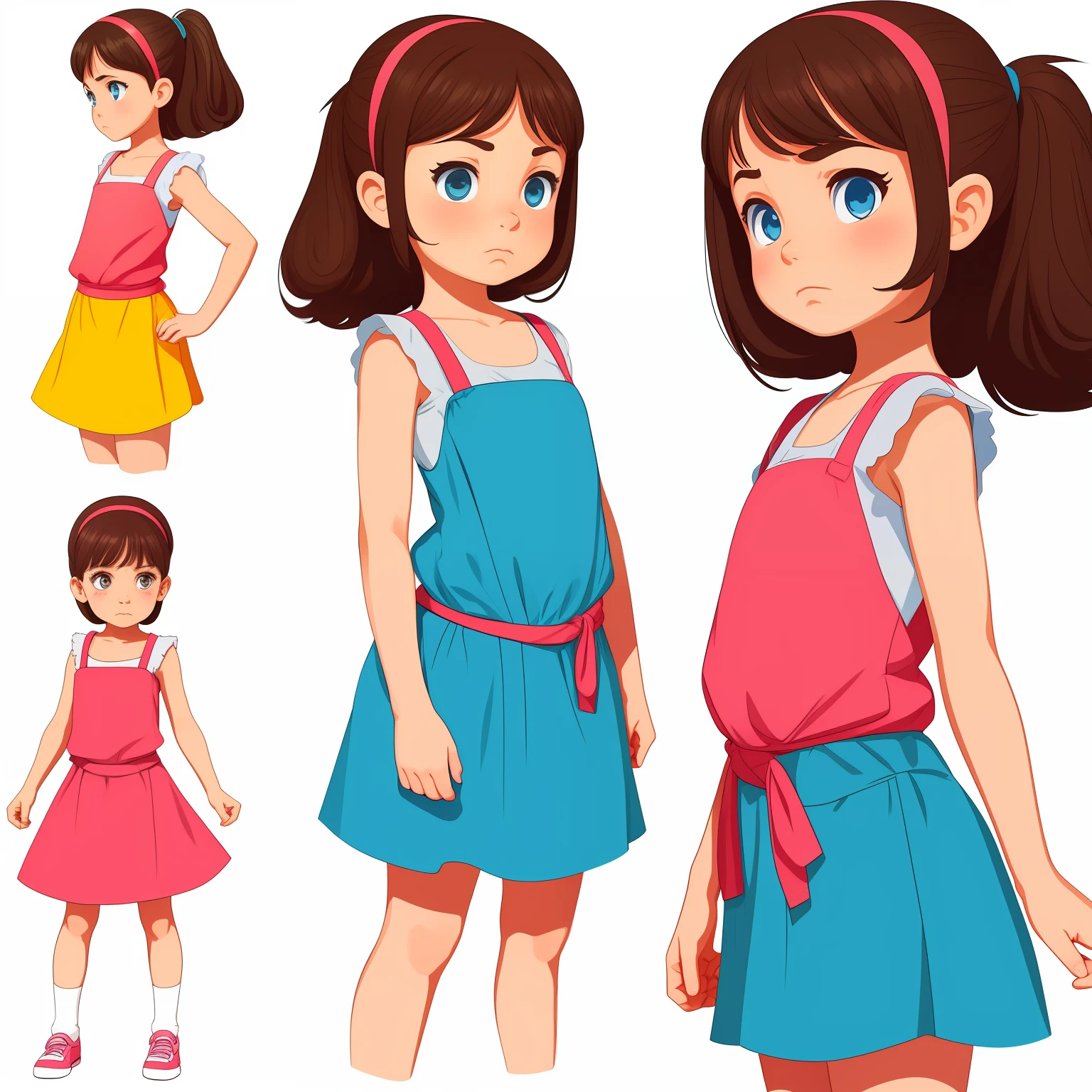 Drawing of a little irritated girl on a white background. hands folded. Bright, but harmonious colors. Different poses to the waist. digital art cartoon, comic style, full color illustration