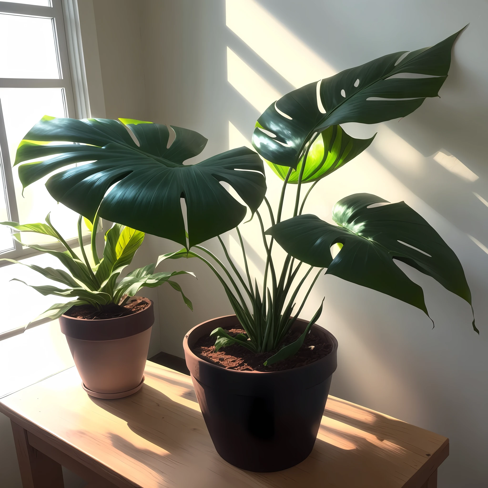 There are two potted plants on the table in front of the window, Delicious monstera, Monstera, big interior plants, tropical houseplants, House plants, houseplant, large leaves and stems, houseplant, alien foliage plants, high light on the left, big leafs, perfect crisp sunlight, plants and jungle, afternoon sunlight, urban jungle plants