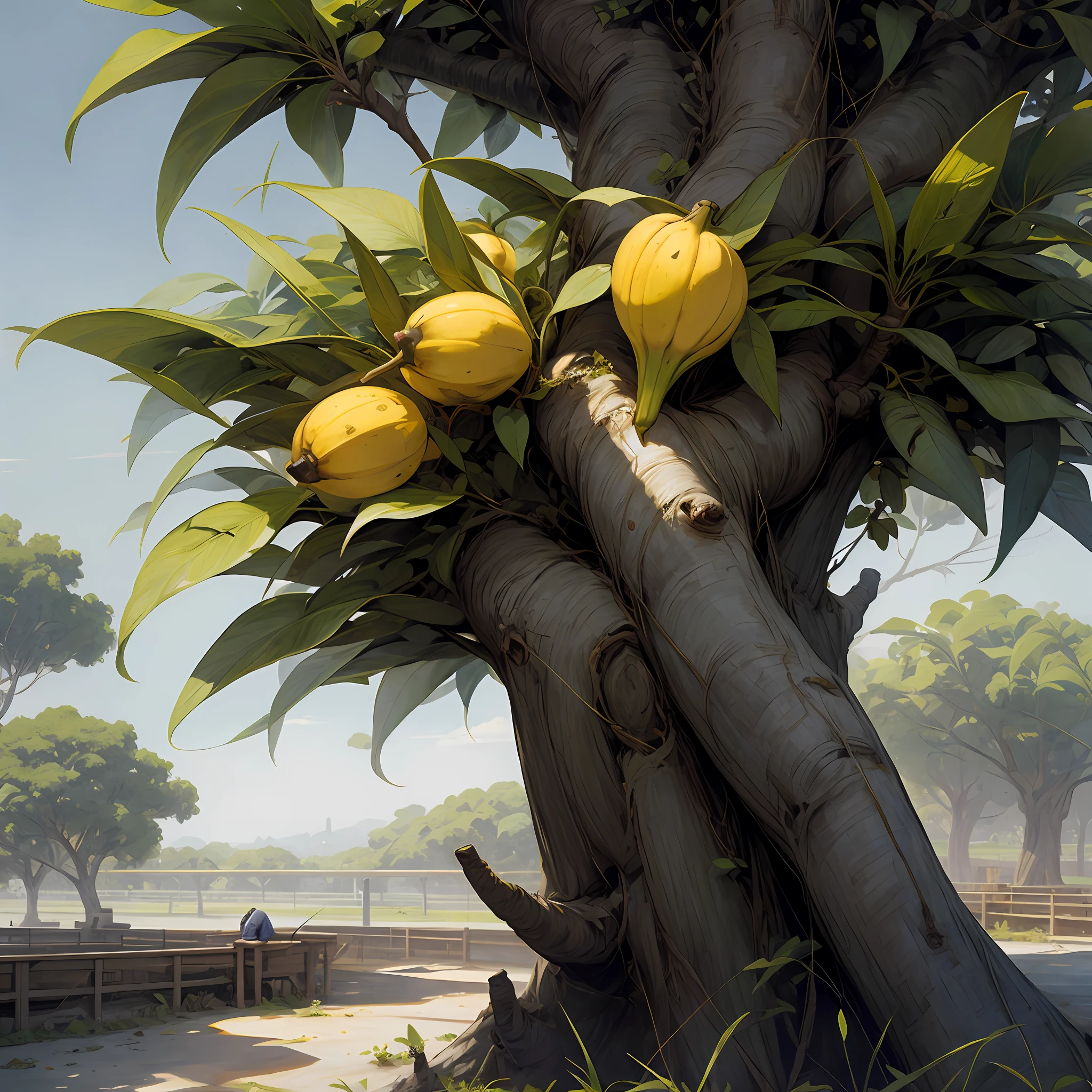 There's a tree with a bunch of bananas on it, Alexey Egorov, arte conceitual altamente realista, arte conceitual hiper-realista, arte conceitual hiperrealista, arte conceitual fotorrealista, renderizado em corona, arte conceitual fotorrealista, pintura digital altamente detalhada, Stefan Koidl, by senior environment artist, Directed by: Zhou Chen, arte conceitual de pintura digital