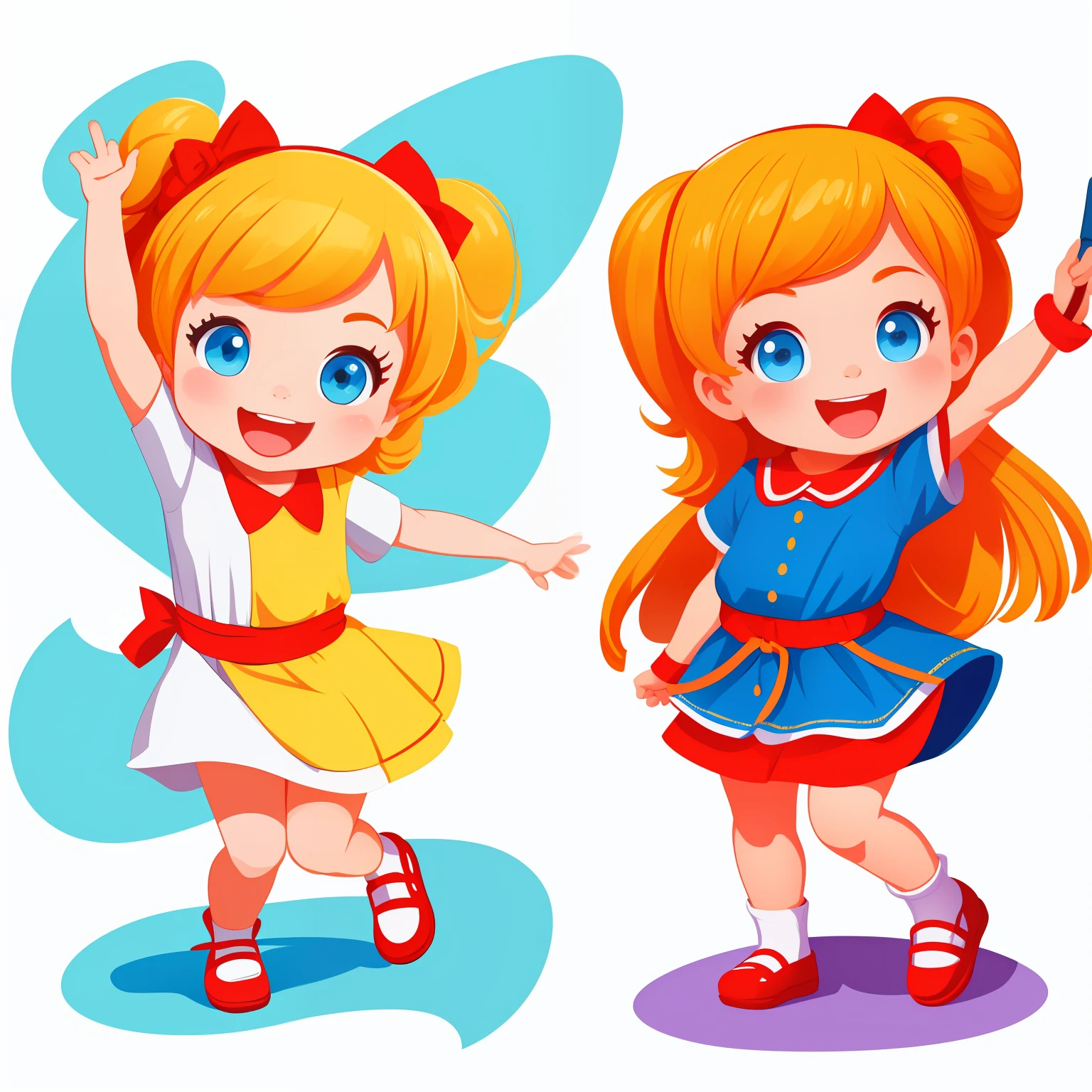 Drawing of a little cheerful Russian girl on a white background. Bright, but harmonious colors. Different poses to the waist. digital art cartoon, comic style, full color illustration