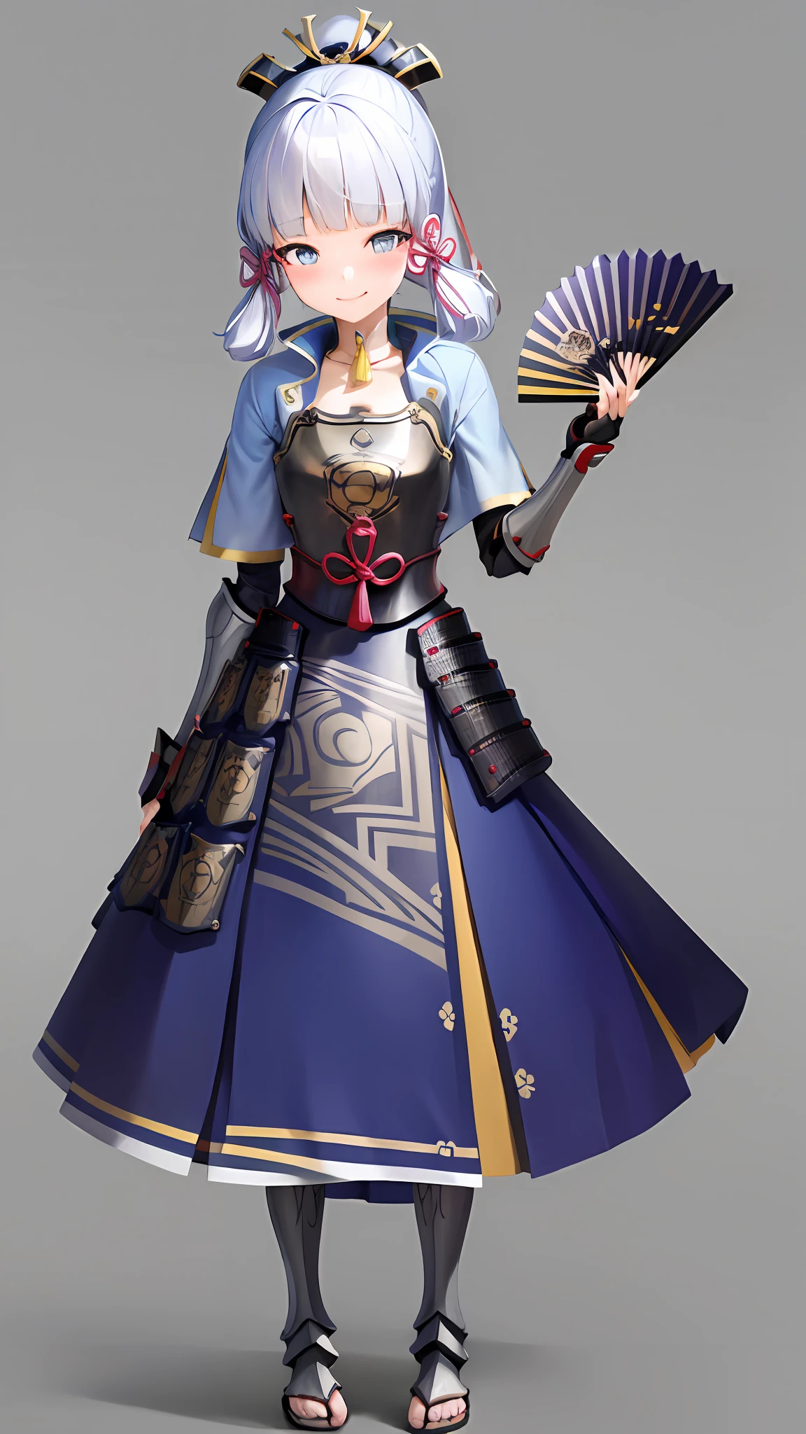 masterpiece, highres, best quality, 1girl solo, kamisato_ayaka, smile, arm guards, armored dress, breastplate, japanese armor, hand fan, fingerless gloves, simple background, blush, shy, sexy pose,