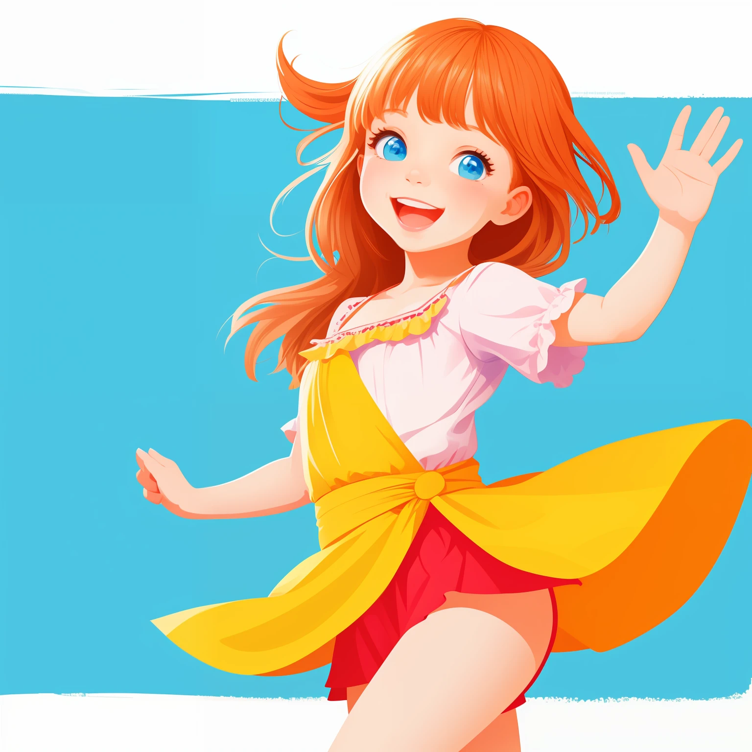 Drawing of a little cheerful Russian girl on a white background. Bright, but harmonious colors. Different poses to the waist. digital art cartoon, comic style, full color illustration