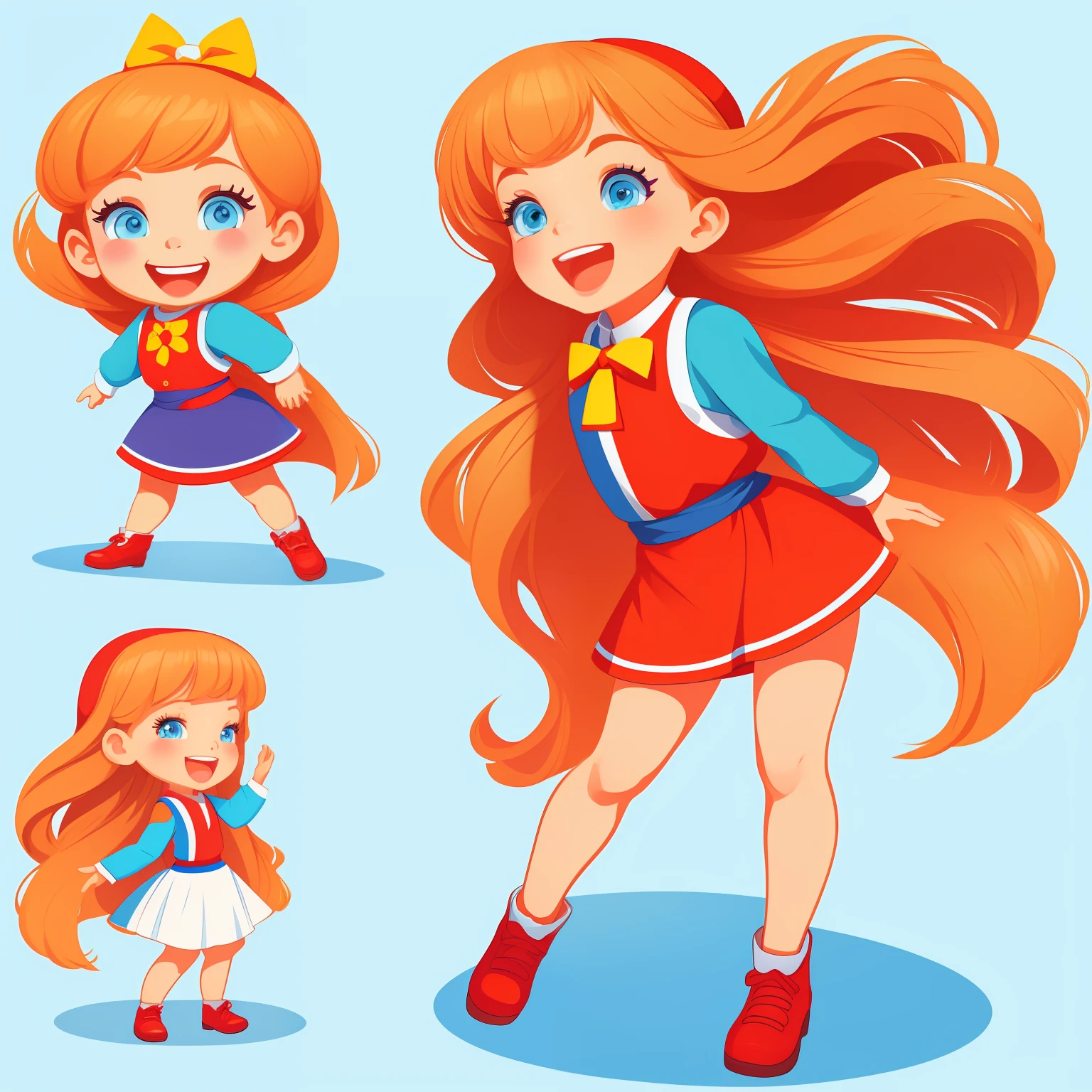 Drawing of a little cheerful Russian girl on a white background. Bright, but harmonious colors. Different poses to the waist. digital art cartoon, comic style, full color illustration