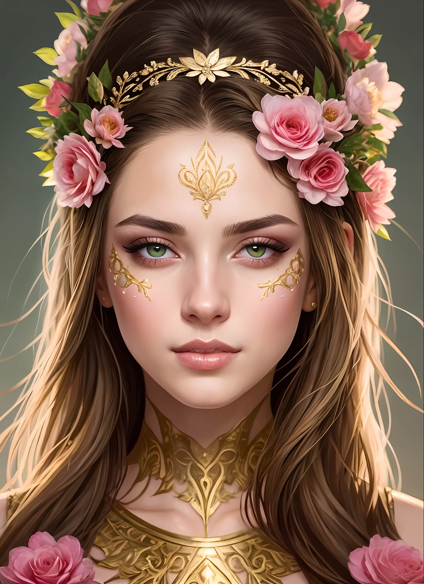 (symmetry:1.1) (portrait of floral:1.05) a woman as a beautiful goddess, (assassins creed style:0.8), pink and gold and opal color scheme, beautiful intricate filegrid facepaint, intricate, elegant, highly detailed, digital painting, artstation, concept art, smooth, sharp focus, illustration, art by greg rutkowski and alphonse mucha, 8k