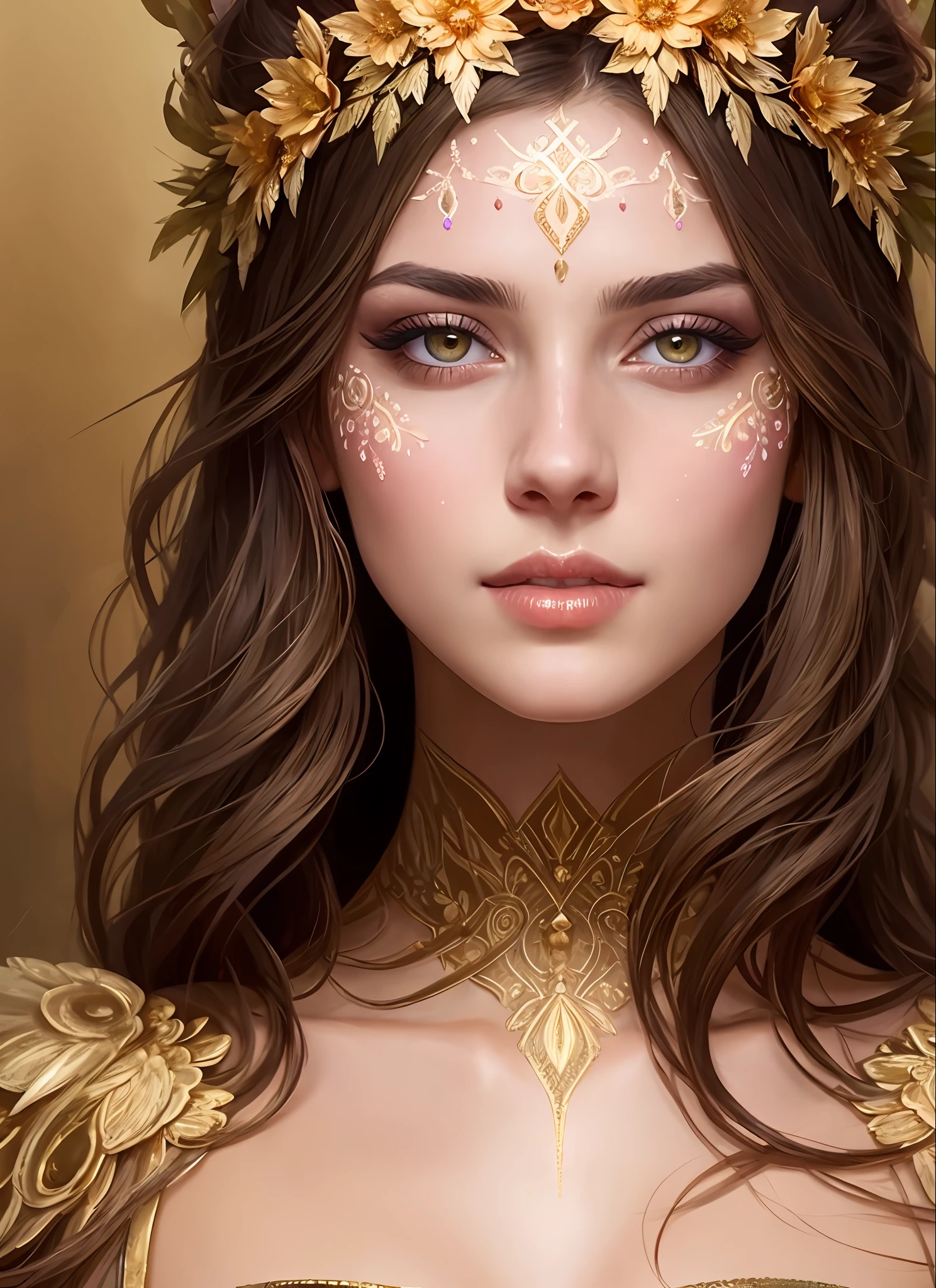 (symmetry:1.1) (portrait of floral:1.05) a woman as a beautiful goddess, (assassins creed style:0.8), pink and gold and opal color scheme, beautiful intricate filegrid facepaint, intricate, elegant, highly detailed, digital painting, artstation, concept art, smooth, sharp focus, illustration, art by greg rutkowski and alphonse mucha, 8k