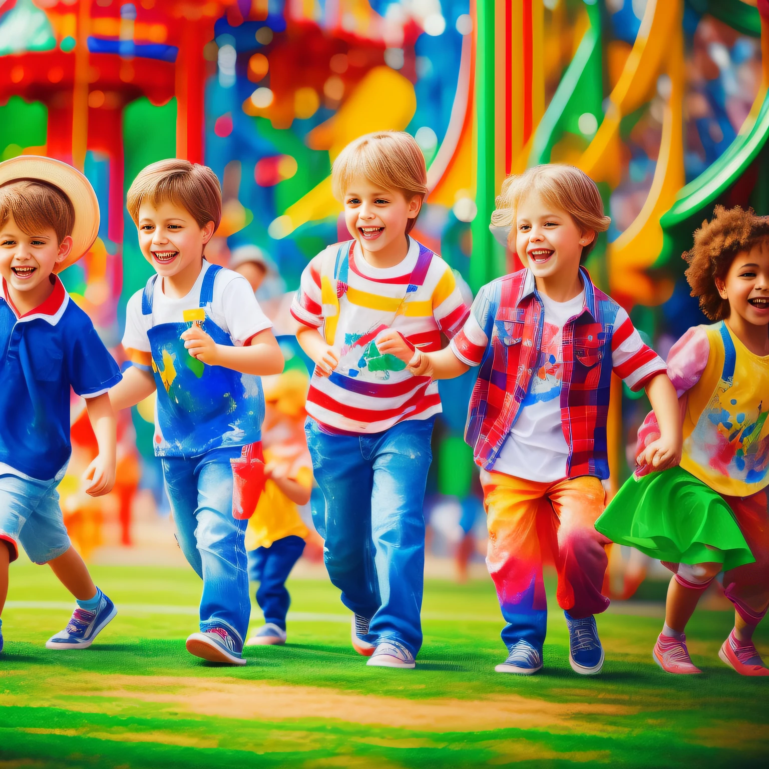 Children in an amusement park. estilo de pintura: "impressionismo", com cores vibrantes bem definidas em 8K. Paint so that the characters are easily recognizable and reveal the perfection of the characters' facial expressions.