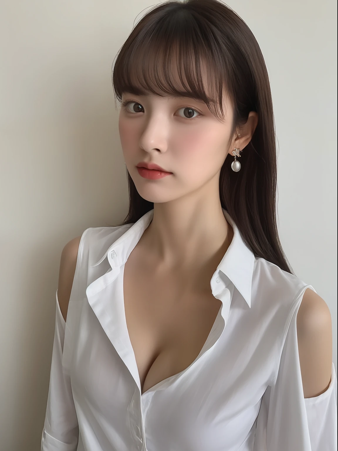 (masterpiece:1.2), realistic, photo of 18 y.o girl in a loose shirt(unbuttoned shirt), half, best quality, big breasts, Bare Shoulders, cleavage, nsfw, [[Hands hidden behind the back]], earrings, Complete shirts, black choker, solo, [sfw],