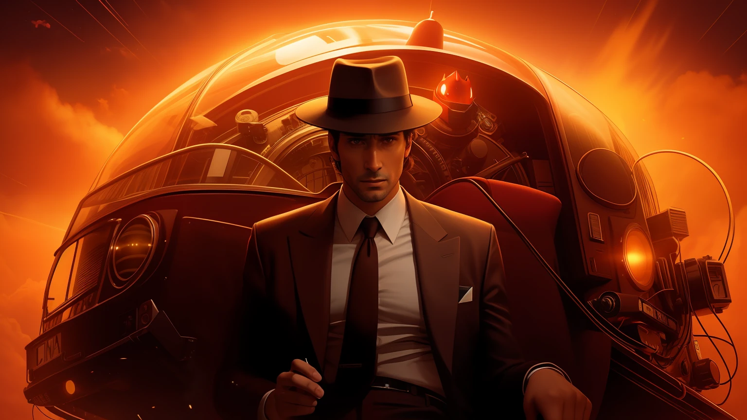 Image of a man in suit and tie with hat, Directed by: John Cat, Beeple e Jean Giraud, Tom espera como Hellboy, imagem promocional, Directed by: Gavin Nolan, filme clockwerk laranja, imagem promocional do filme, arte chave, filho vermelho, Inspirado em Roger Deakins, Fanart