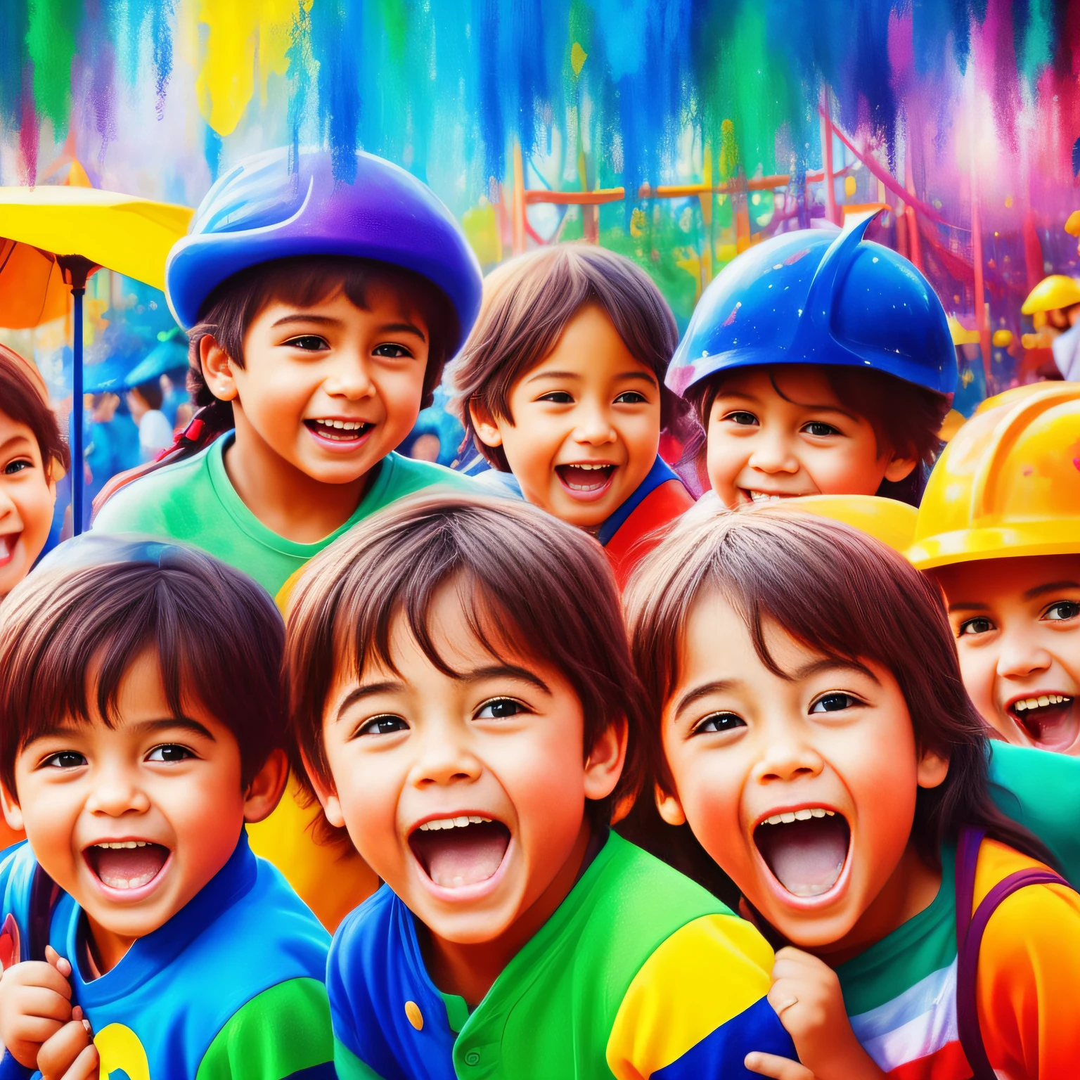Children in an amusement park. estilo de pintura: "impressionismo", com cores vibrantes bem definidas em 8K. Paint so that the characters are easily recognizable and reveal the perfection of the characters' facial expressions.