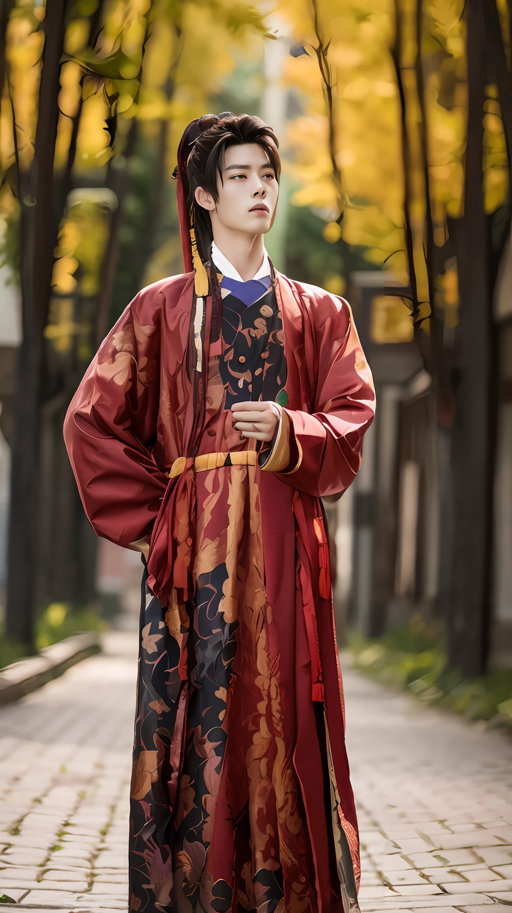 masterpiece, best quality, extremely detailed, detailed background, detailed face, hanfu, long hair, black hair, 1boy, chinese clothes, male focus, solo, branch, tree, long sleeves, robe, closed mouth, wide sleeves, flower