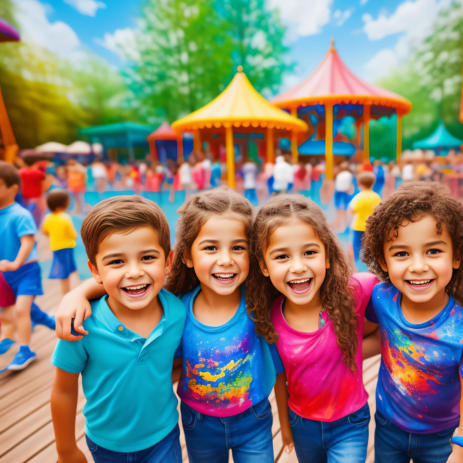 Children in an amusement park. estilo de pintura: "impressionismo", com cores vibrantes bem definidas em 8K. Paint so that the characters are easily recognizable and reveal the perfection of the characters' facial expressions.