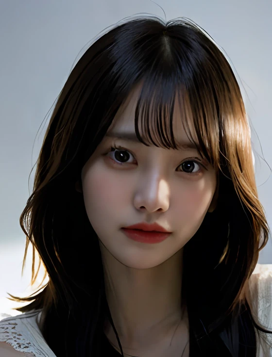 1girll,ssmile，Sitting,Best quality, masterpiece, ultra high res, (photorealistic:1.4),dramatic lighting,[(detailed breasts :1.2):0.2], middle peep,long legs,[(detailed body :1.4):0.2], stylish,  **** top, thighs,Our fingers and thumbs layered, (realistic :1.3),  (Hassel Photography)), fine detail skin, clear focus, (film lighting), soft lighting, dynamic Angle, Simple background, 8k, high resolution, Photo and texture