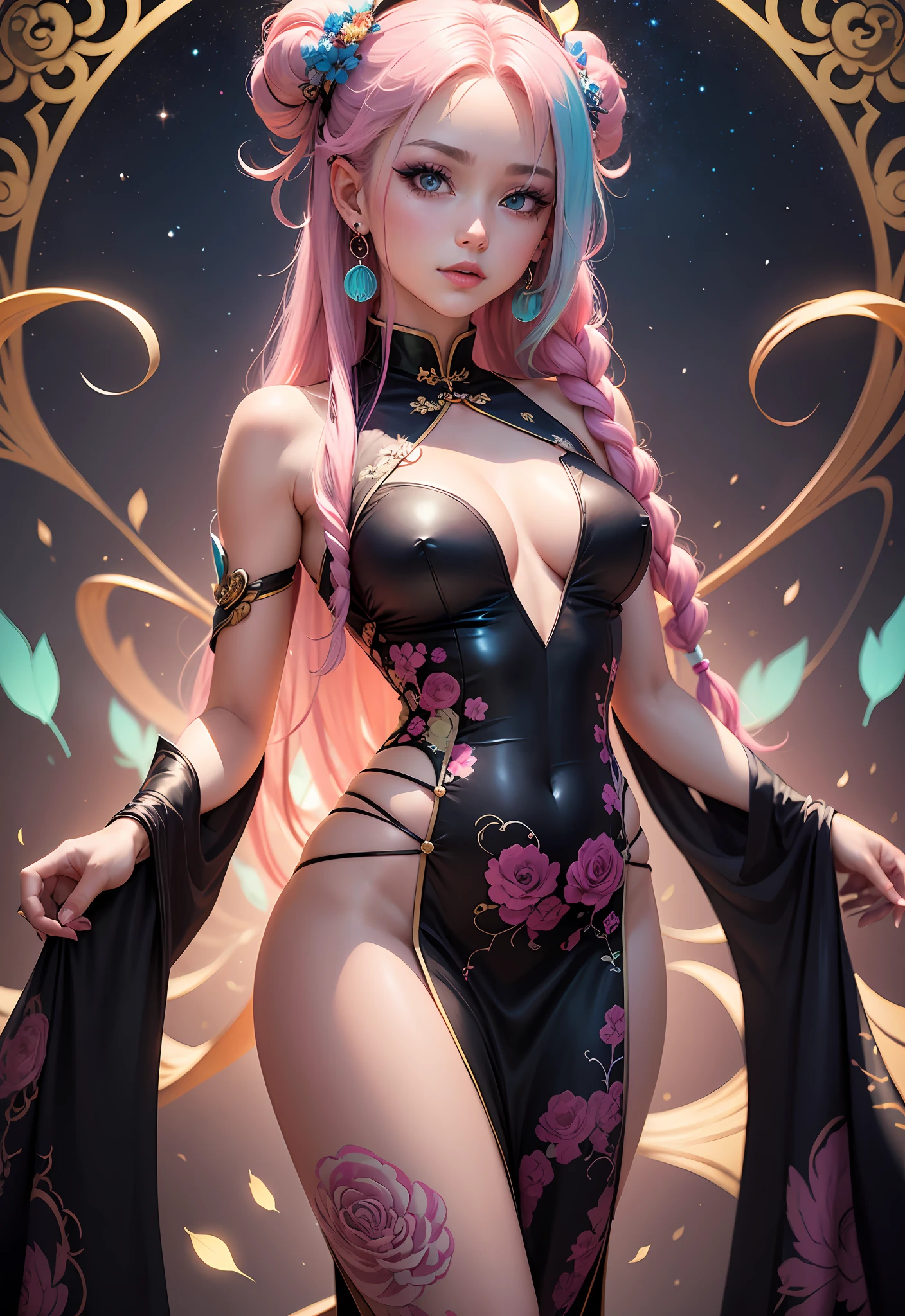 Close-up of a person with long hair and colorful hair, colorful braids, pink double-tailed hair and cyan eyes, anime style 4 K, beautiful anime style, anime girl with cosmic hair, anime art style, young anime girl, beautiful anime art style, anime style. 8k, long-haired anime girl, beautiful anime girl, beautiful anime portrait (masterpiece, top quality, best quality, official art, beauty and aesthetic: 1.2), (1girl: 1.3), very detailed, (fractal art: 1.1), (color: 1.1) (flowers: 1.3), most detailed, (zentangle: 1.2), (dynamic pose), (abstract background: 1.3), ( Chinese dress:1.2), (shiny skin), (many colors:1.4), ,(earrings:1.4), --auto
