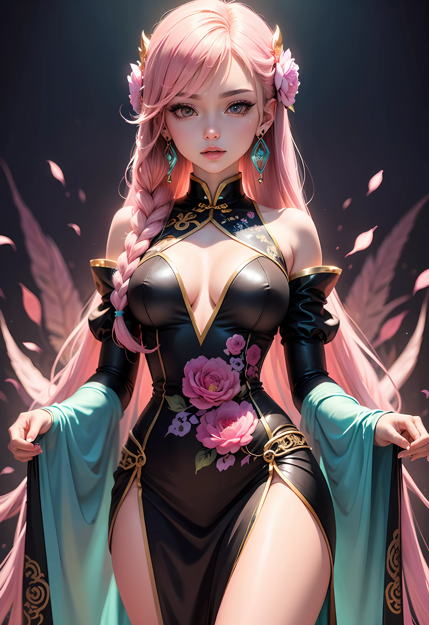 Close-up of a person with long hair and colorful hair, colorful braids, pink double-tailed hair and cyan eyes, anime style 4 K, beautiful anime style, anime girl with cosmic hair, anime art style, young anime girl, beautiful anime art style, anime style. 8k, long-haired anime girl, beautiful anime girl, beautiful anime portrait (masterpiece, top quality, best quality, official art, beauty and aesthetic: 1.2), (1girl: 1.3), very detailed, (fractal art: 1.1), (color: 1.1) (flowers: 1.3), most detailed, (zentangle: 1.2), (dynamic pose), (abstract background: 1.3), ( Chinese dress:1.2), (shiny skin), (many colors:1.4), ,(earrings:1.4), --auto