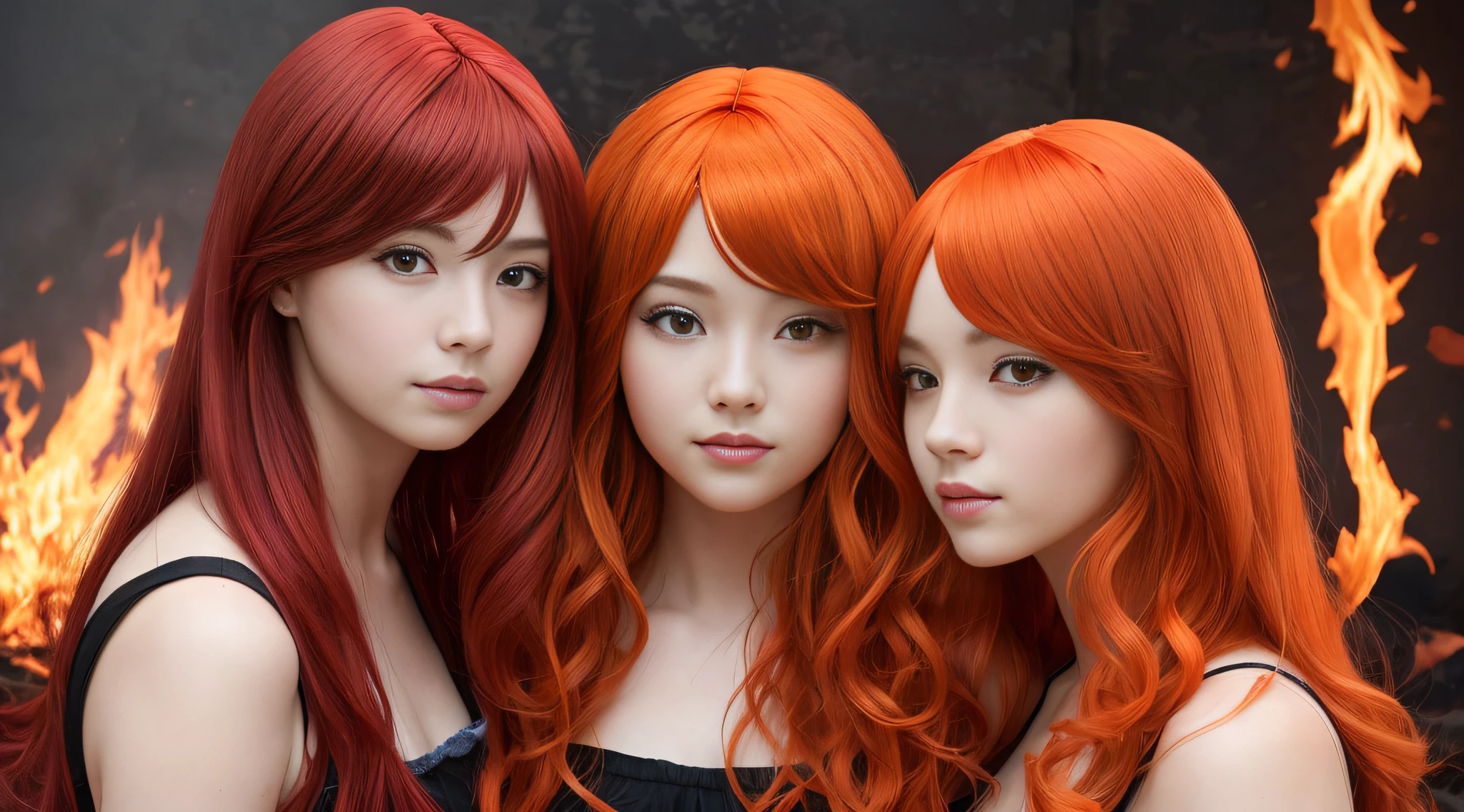 three girls with long red hair and red wigs posing for a picture, red glowing hair, orange glowing hair, long glowing red hair, infrared hair, red hair girl, orange skin and long fiery hair, hair like fire, red hair and attractive features, long fire hair, long orange hair, perfect android girl family, by Bernardino Mei, fiery red hair