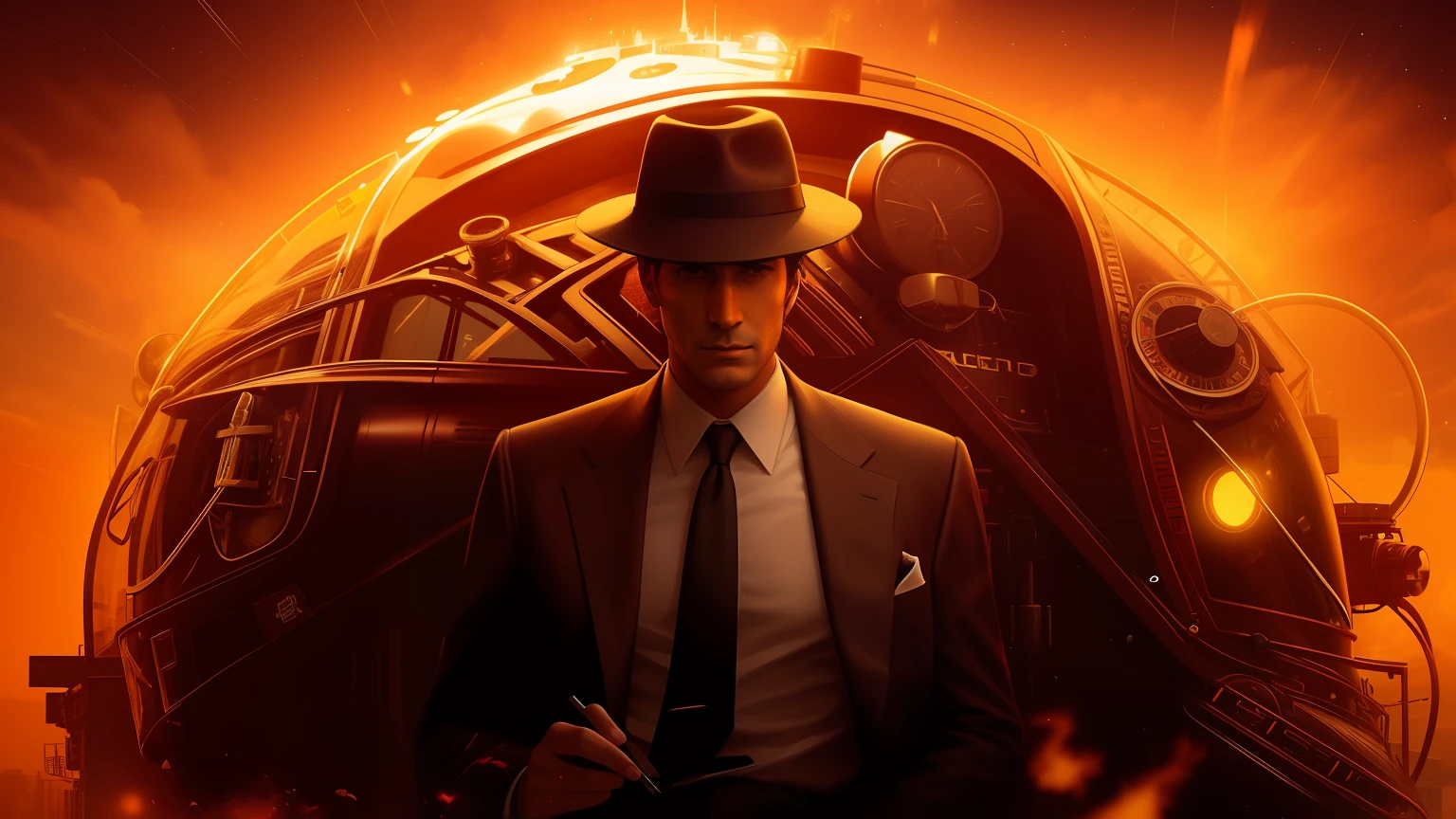 Image of a man in suit and tie with hat, Directed by: John La Gatta, Beeple e Jean Giraud, Tom espera como Hellboy, Imagem promocional, Directed by: Gavin Nolan, filme clockwerk laranja, imagem promocional do filme, arte chave, filho vermelho, Inspirado em Roger Deakins, Fanart