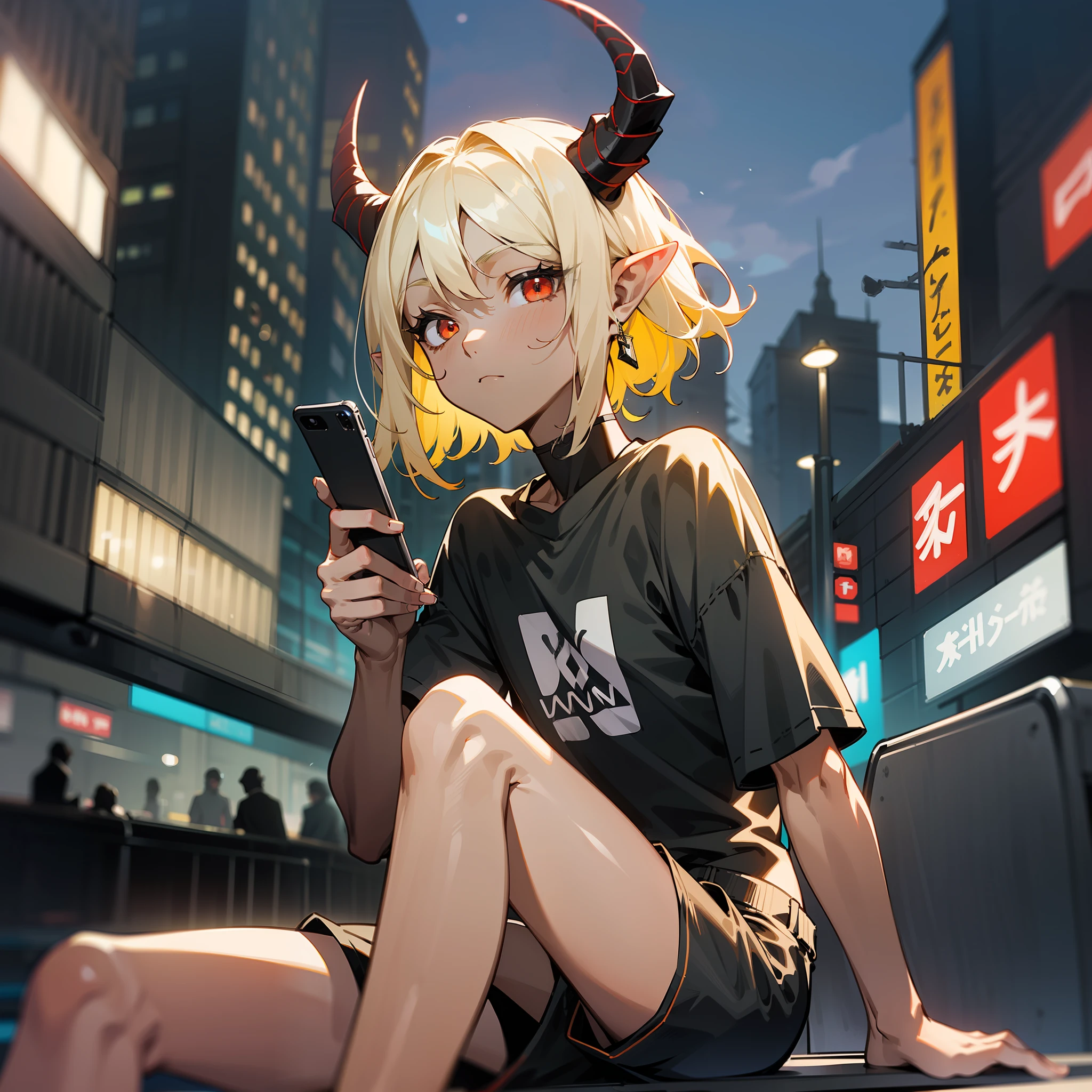 young man, twink, (((male))), (((man))), (((one person))), ((single)), ((solo)), ((1guy)), (((light blonde hair))), ((medium short hair)), (chin-length hair), (straight hair), (((red colored eyes))), (((dark grey colored skin))), (((dark grey skin))), (dark grey-skinned), (dark-skinned), two horns on head, wearing a black choker, (((wearing a black oversized shirt))), wearing an oversized t-shirt, black clothes, loose t-shirt, (((slim body))), (((flat chest))), (((sitting on a bench))), ((a single streetlamp next to the bench)), colorful neon lights in the distance, (((futuristic city))), (pointy ears), kpop style, futuristic background, futuristic style, street fashion, (((black shorts))), holding a black smartphone, (((nighttime))), legs pulled up, blurry people walking by in the background, (((darkness)))