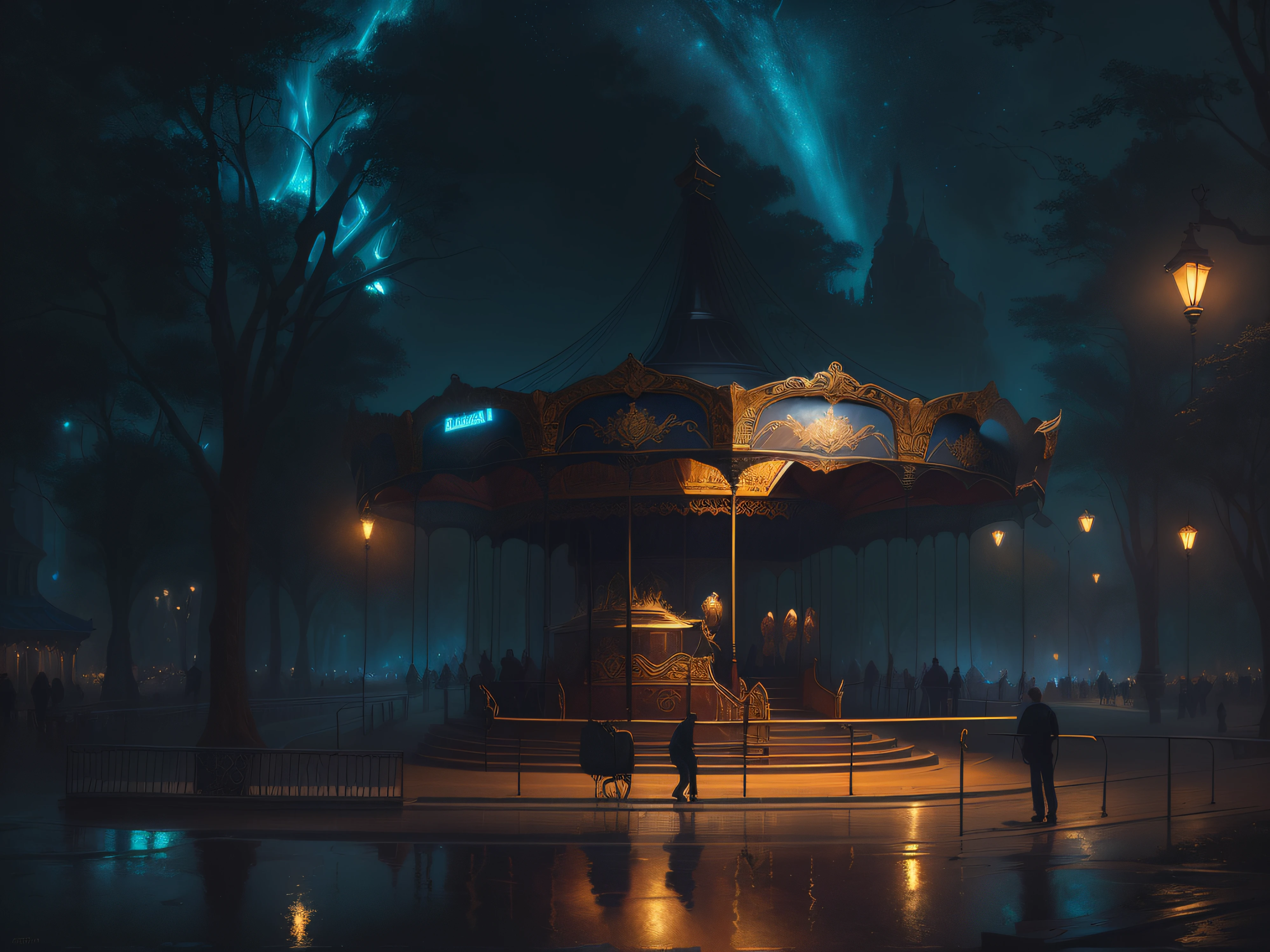 Escena nocturna de un carrusel en un parque con gente caminando, inspirado por Raphael Lacoste, Ilustraciones de fondo, Martin Raphael Lacoste, Arte conceptual Ambiente impresionante, Estilo de Rafael Lacoste, inspirado por Michael Komarck, carrusel, por Cynthia Sheppard, por Eugeniusz Zak, por Aleksander Gierymski, por Arthur Pan, por Yang J