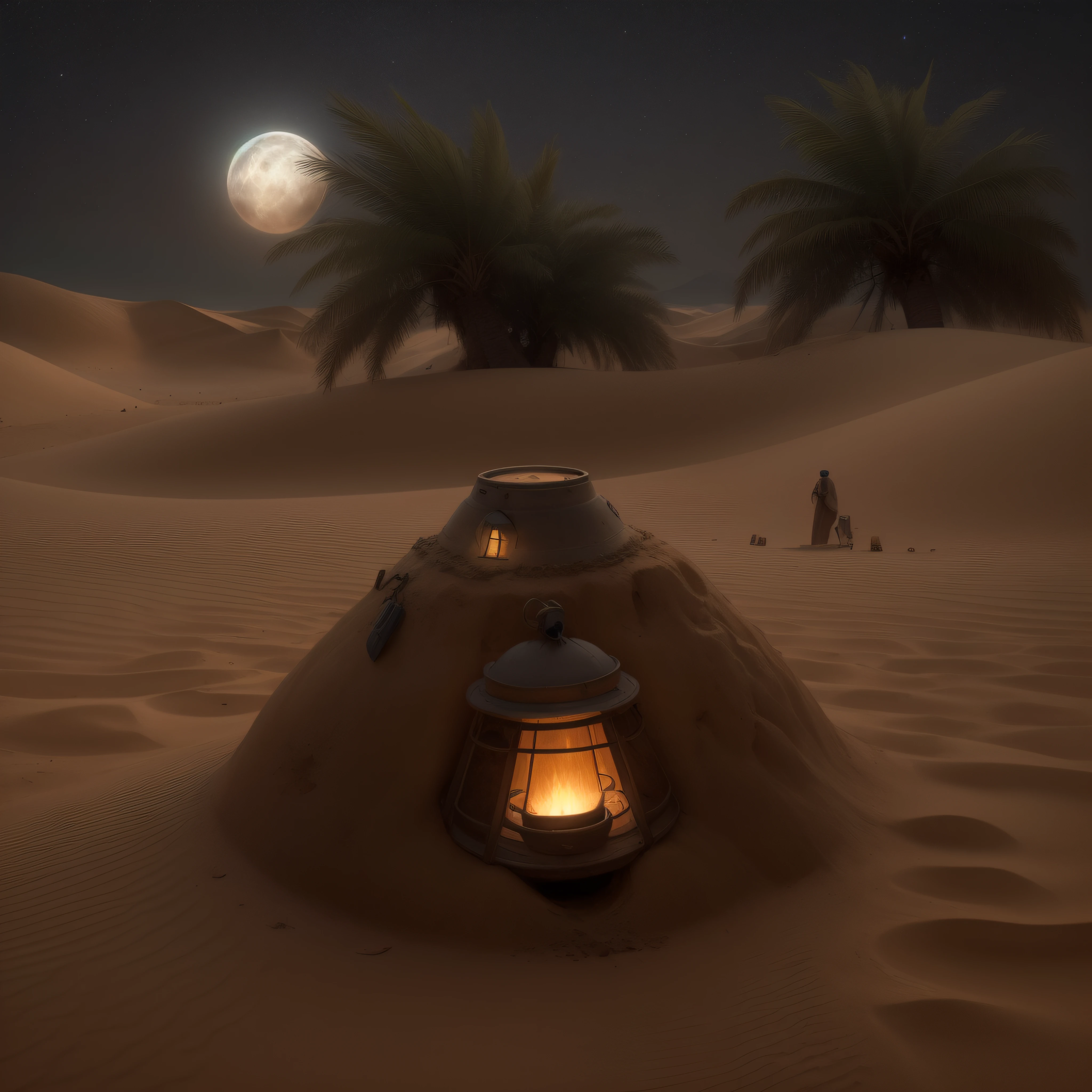 Create a nighttime and mysterious image of the Egyptian desert during Hebrew time, enfatizando a beleza sob a luz da lua. A cena deve ser iluminada apenas pela luz prateada e suave da lua cheia, Creating a magical and intriguing environment.

Na cena, um vasto deserto deve se estender, com dunas de areia escuras contrastando com a luz fria da lua. A paisagem deve ter poucos elementos, to emphasize the vastness and solitude of the nocturnal desert. Some sparse palm trees or shrubs may be present.

Em primeiro plano, coloque um grupo de chaves antigas de metal, talvez em uma pequena caixa ou sobre uma pedra desgastada. The keys symbolize the mystery and hidden history of the desert, representing secrets and treasures that have been lost or forgotten over the centuries.

Ao fundo, crie a silhueta de uma caravana de hebreus, composed of some figures dressed in robes and carrying lamps or torches to light the way. They should look small compared to the immensity of the desert and the brightness of the moon.

The atmosphere of the image should be enigmatic and evocative, transmitindo um senso de maravilha e descoberta. Use tonalidades frias e sombras para acentuar o clima noturno