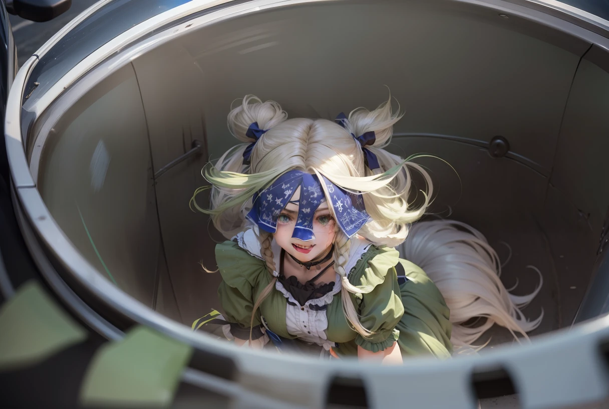 obra-prima, Europa Street, blue skies, loiro fino, cabelo longo, long eyeslashes, olhos verdes, roupas de empregada verdes, sorriso, fita no cabelo, Smooth expression, cocar, twin tails, grand