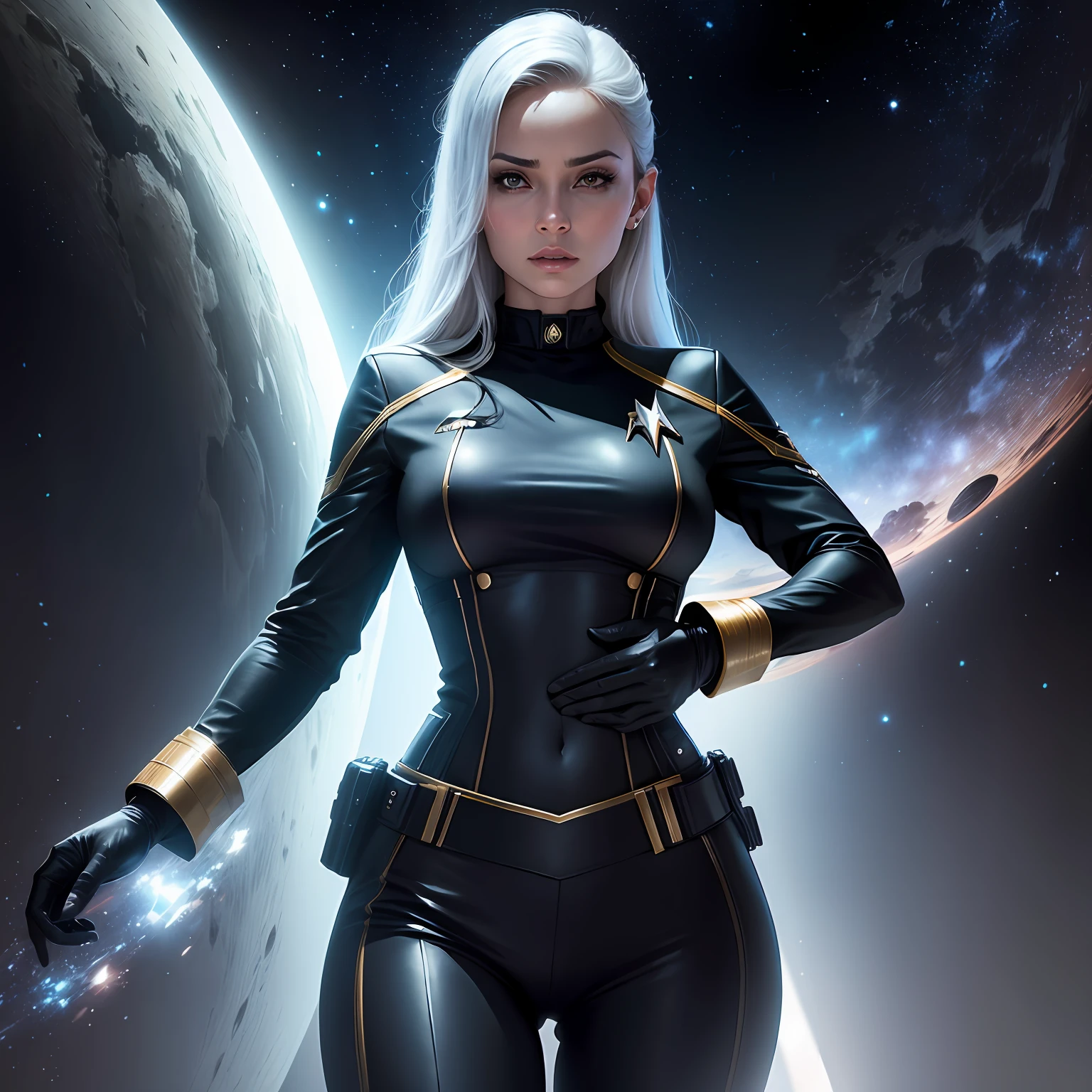linda mulher, estilo star trek , sexy, vestindo uniforme totalmente preto, black pant,Uniforme estilo Star Trek, Imagem altamente detalhada, Estilo realista, perfect hands, sem , Estilo de Star Trek, dentro da nave espacial UU Enterprise-1701, estilo filme star trek de j. j. Abrams, wallpaper --auto