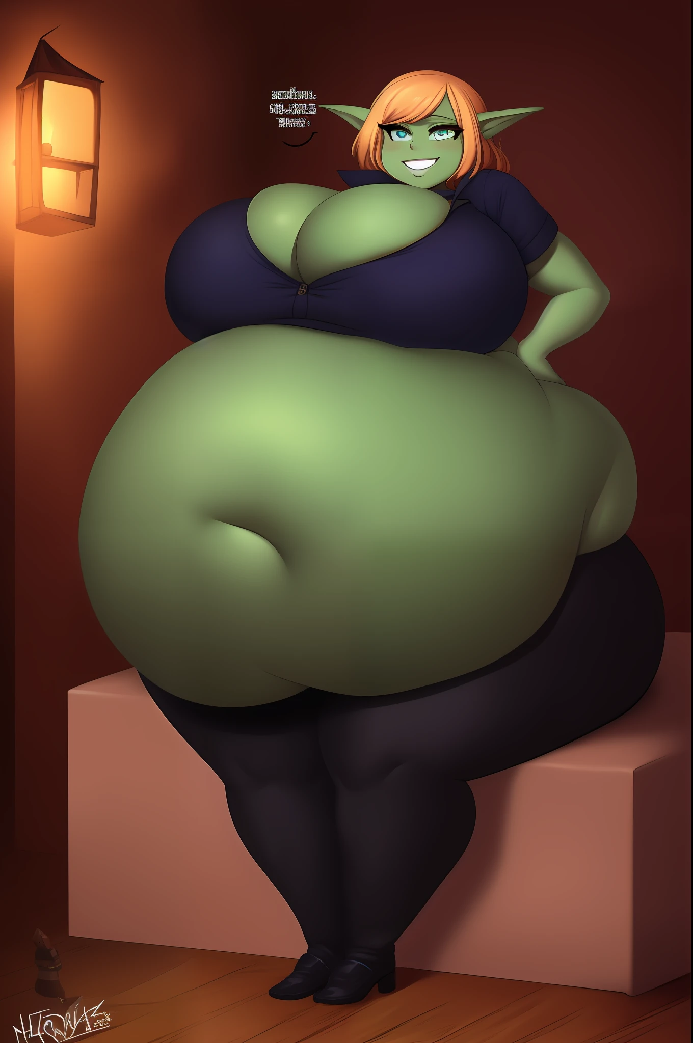 full body, goblin girl, short stack, shorty, sharp detail, colourful, vignette, particles, tattoo, colorful, anime style, novel illustration, beautiful, digital painting, big expressive eyes, happy smile, excited, hyper, big belly, wide hips, big boobs, green skin, sitting on the floor, (massive boobs:1.5), (massive thighs 1.5) massive belly