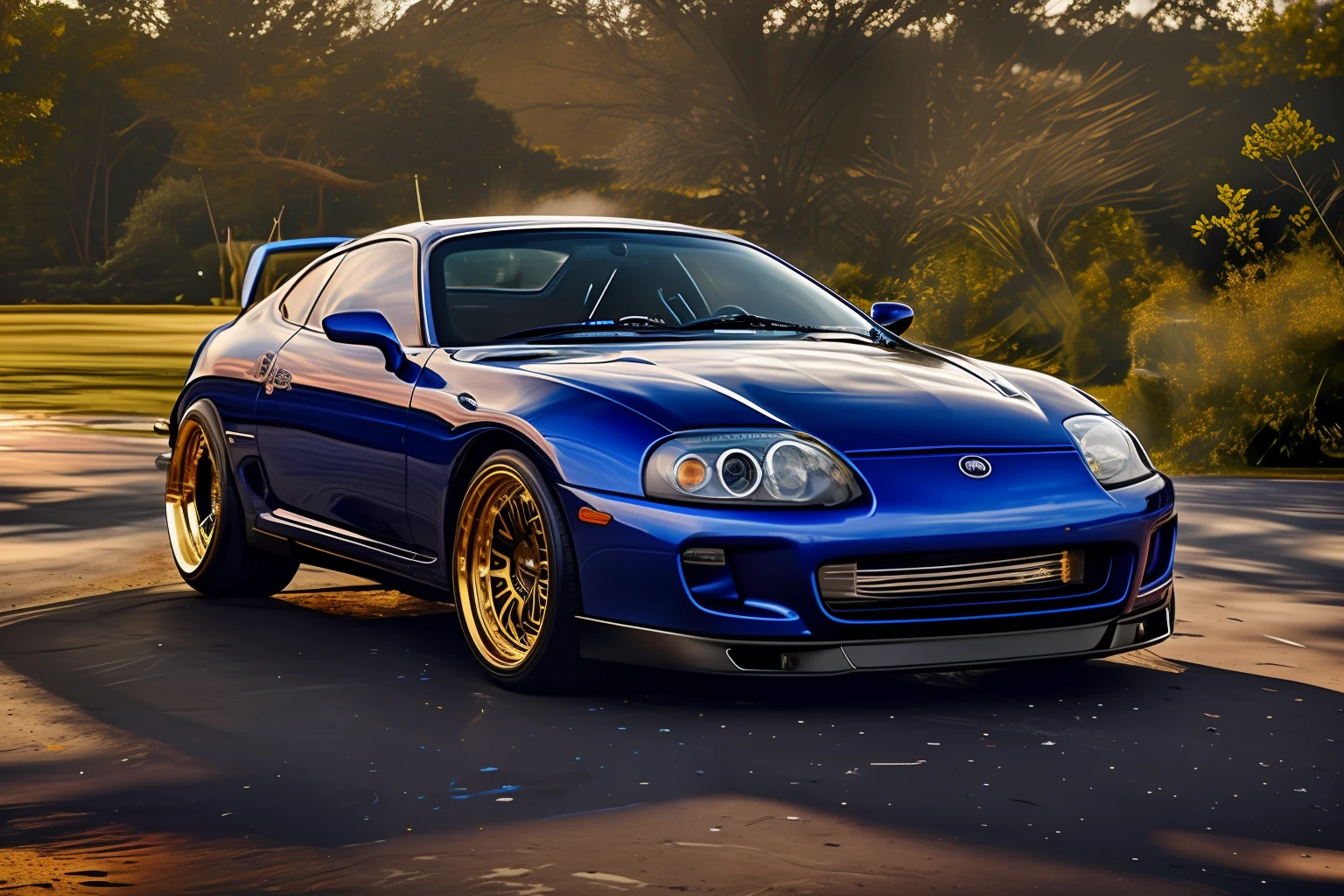 A blue car with gold accents with white neon style wheels
