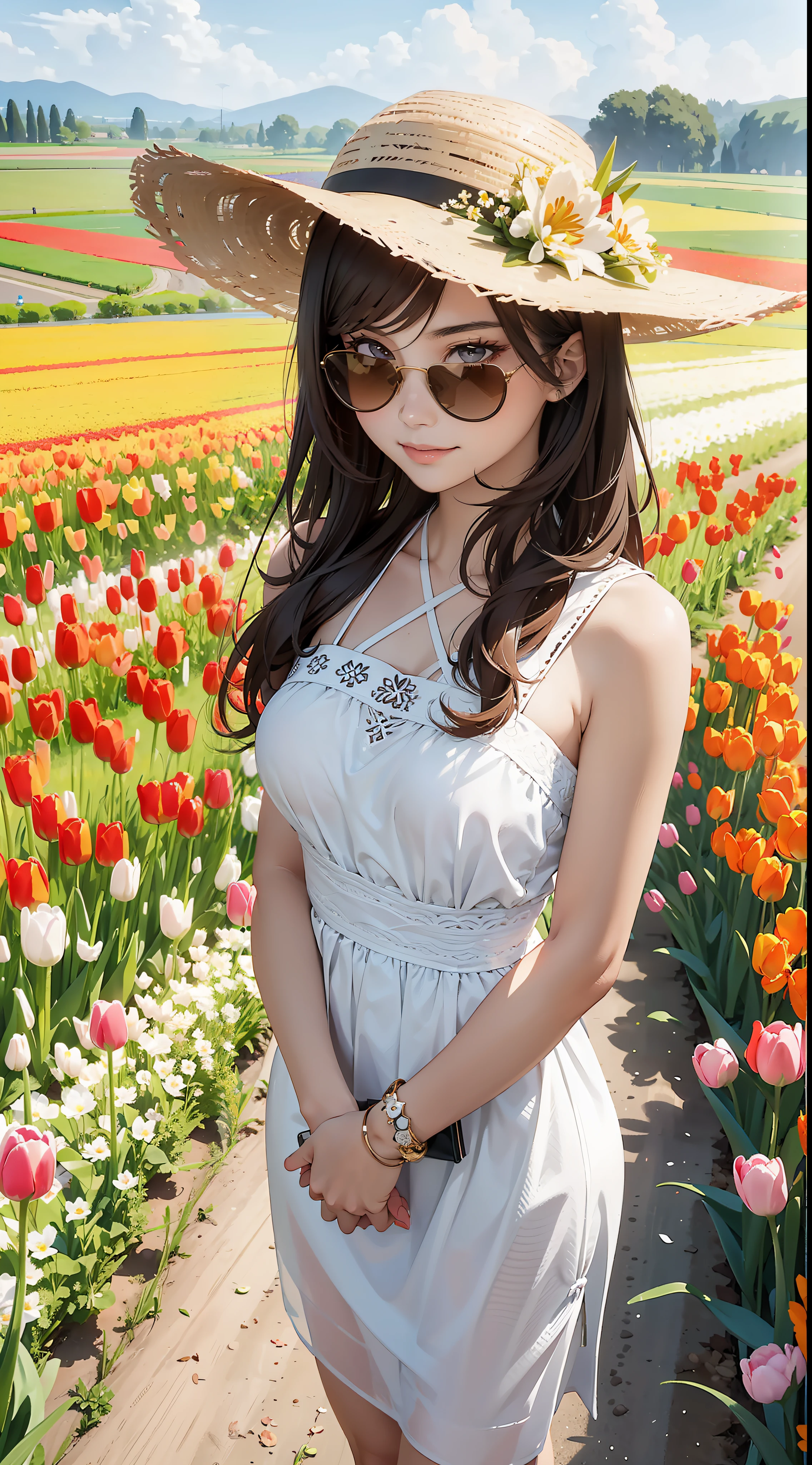 there is a pretty chinese woman standing in a field of tulips with a sun hat on and wearing sunglasses and wearing white halter dress revealing back, long wavy brown hair, wearing sunglasses, tall and slim, beautiful, subtle smile, standing in tulips field, standing in a flower field, woman standing in tulips field, girl standing in a flower field, with flower fields as foreground, in a field of flowers, flower fields, girl standing in flower field