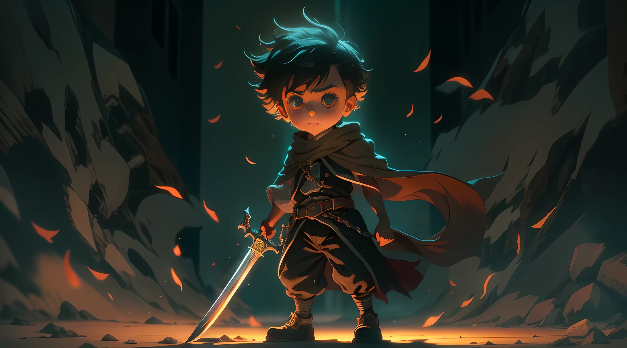 "boy with a sword in his left hand. The scene is shrouded in a magical and mysterious atmosphere.. Shadows create a dramatic effect and highlight determination in the child's eyes. The background is illuminated by a dim light, that highlights the figure of the child and adds a touch of intrigue to the image."