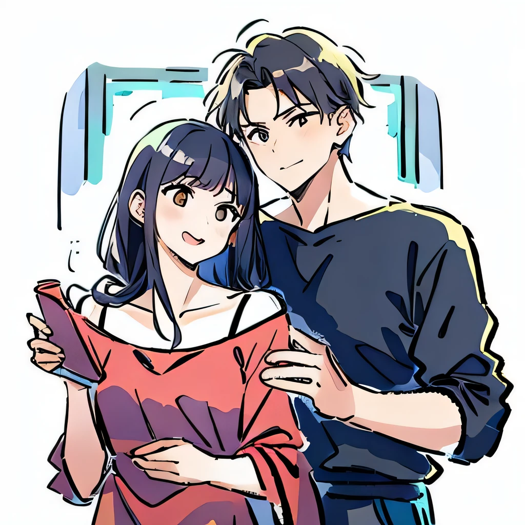 (masterpiece, best quality:1.3), 1boy and 1girl, Side by side, Group photo, intimacy, Look at each other, indoor background,