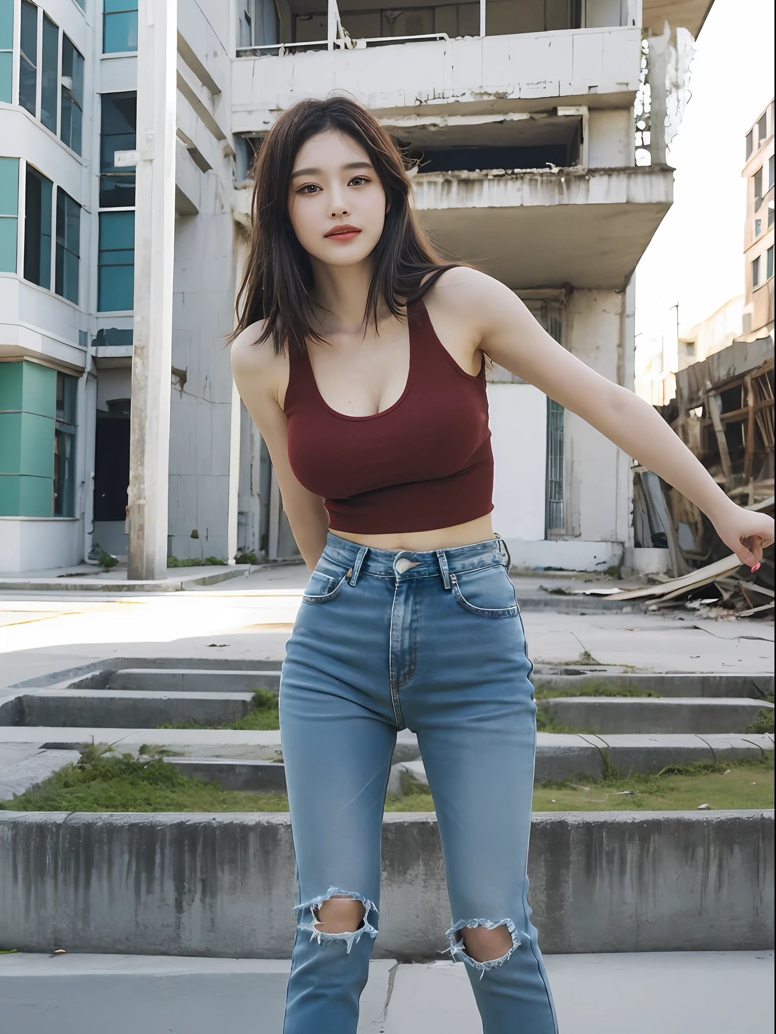 ((Best picture quality, 8K, tmasterpiece:1.3)),((1个Giant Breast Girl)),A small braid,Ultra-fine face,A detailed eye,ssmile,The chest is relatively small,Slender abs,Legs are very thin and long,The butt is upturned,(green tank top,Denim trousers,Black Martin boots,In the background is an abandoned building)),