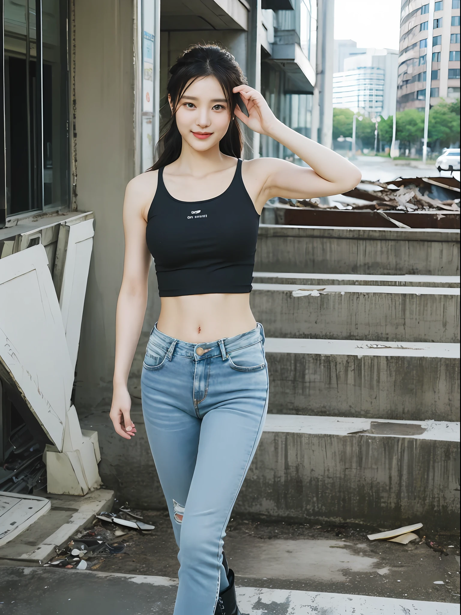 ((Best picture quality, 8K, tmasterpiece:1.3)),((1个Giant Breast Girl)),A small braid,Ultra-fine face,A detailed eye,ssmile,The chest is relatively small,Slender abs,Legs are very thin and long,The butt is upturned,(green tank top,Denim trousers,Black Martin boots,In the background is an abandoned building)),