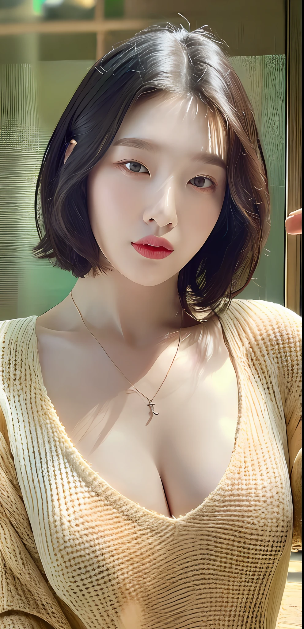 (Best quality, 8k, 32k, Masterpiece, UHD:1.2),Photo of Pretty woman, large breasts, very short bob hair,upper body,(oversized_sweater,:1.1) necklace, simple background, looking at around
