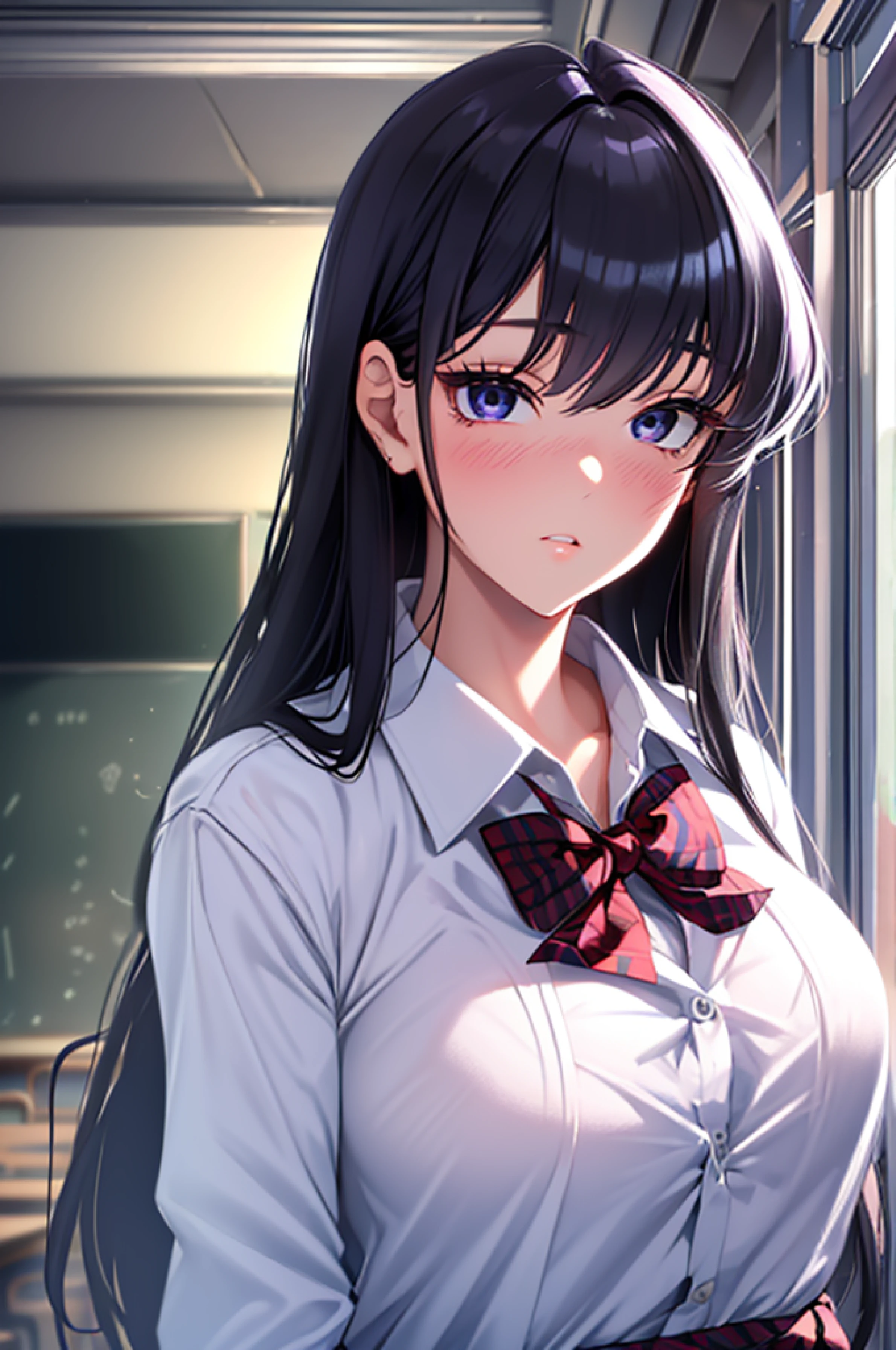 4k, raw camera, highres, masterpiece, portrait, aesthetic, beautiful, best quality, highly detaile, best quality clothing, aesthetic clothings, professional angle, rule of thirds, Feminine, delicate, beautiful, 19 years, attractive, solo, 1 girl, (Shouko Komi), (In the Classroom), (Upper body), ((From Front, From Down)), (students in the background), ((Very shy)), (Long Hair, purple Hair, Very Straight Hair, - Hair, - in hair), (Open Eyes, black Eyes, Black Eyelinerin Eyes, expressionlesz gaze), Soft skin, (Blushed), ((Standing, Leaning forward)), - , - , - , (closed mouth, - Mouth), (Natural Lips), (Average Bust), ((hands holding a notebook on face)), (School White Shirt, blue blazer - , - Shirt, Skirt red and blue Plaid, black pantyhouse, Red bowtie, stripped bow, Clothing), (V Neckline), beautiful body, beautiful eyes, shiny eyes, shiny hair, beautiful mouth, beautiful lips, beautiful face