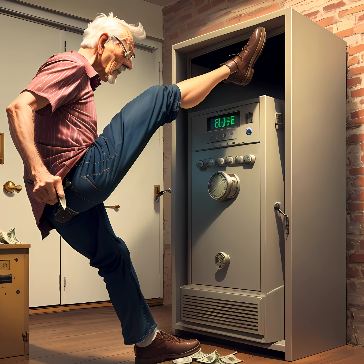 Old man kicking a safe of money