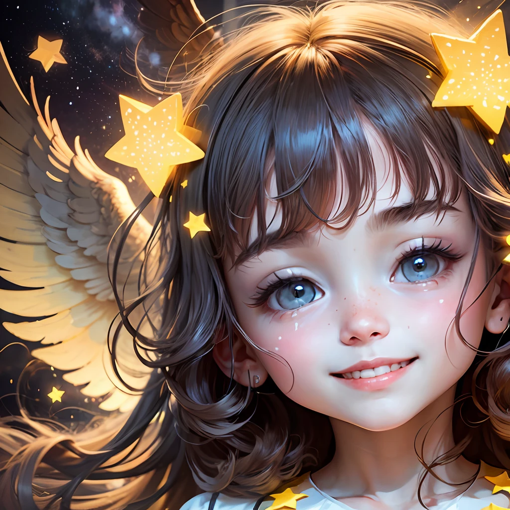 A holding stars, she has wings, she is smiling, cute childte dress, she looks happy, glowing yellow stars, night, open air, dark , no light --auto --s2