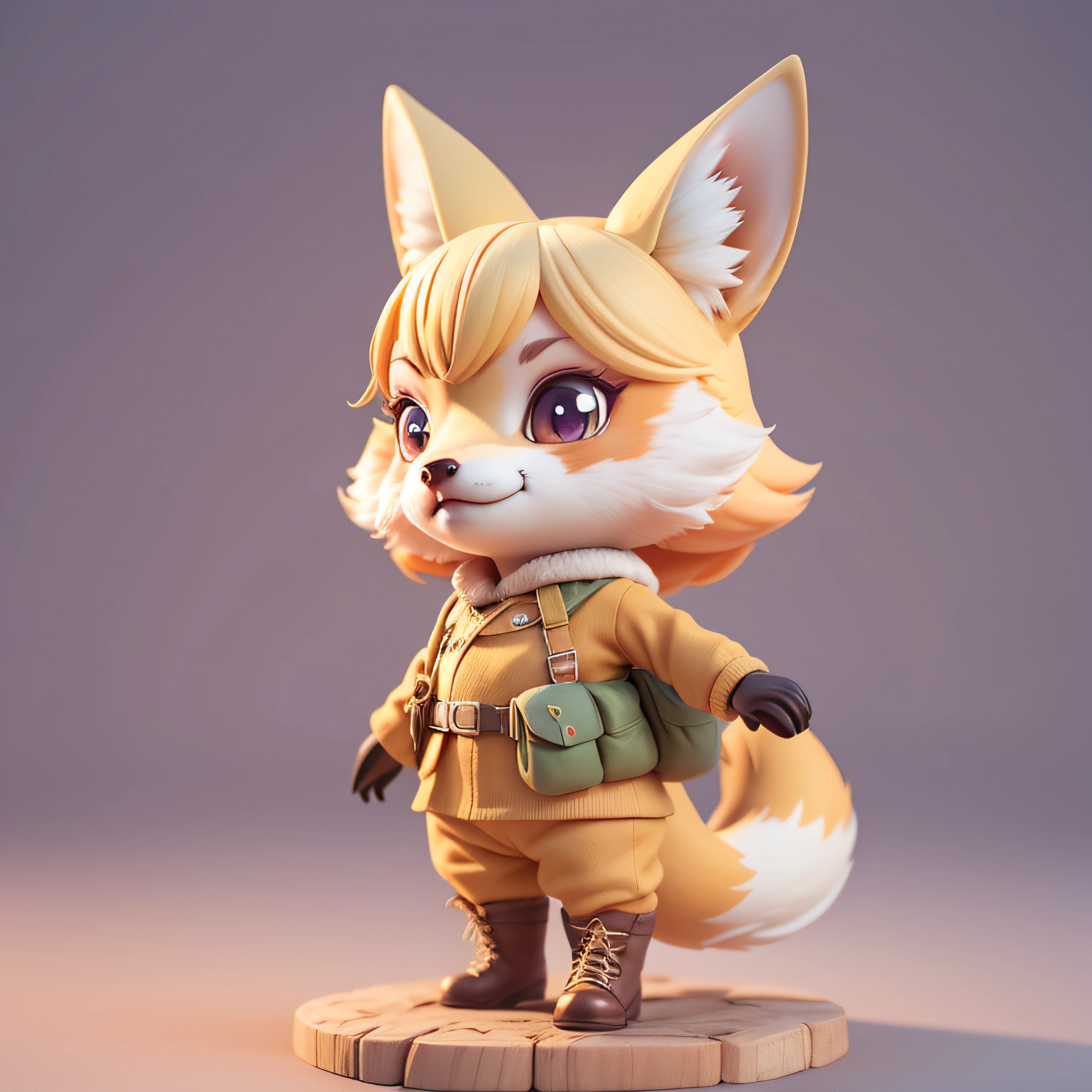 highly detailed 3D render cute fox with army costume, kids cartoon style, high detailed textures, soft smooth textures, in a savana, soft yellow purple color gradient in background.